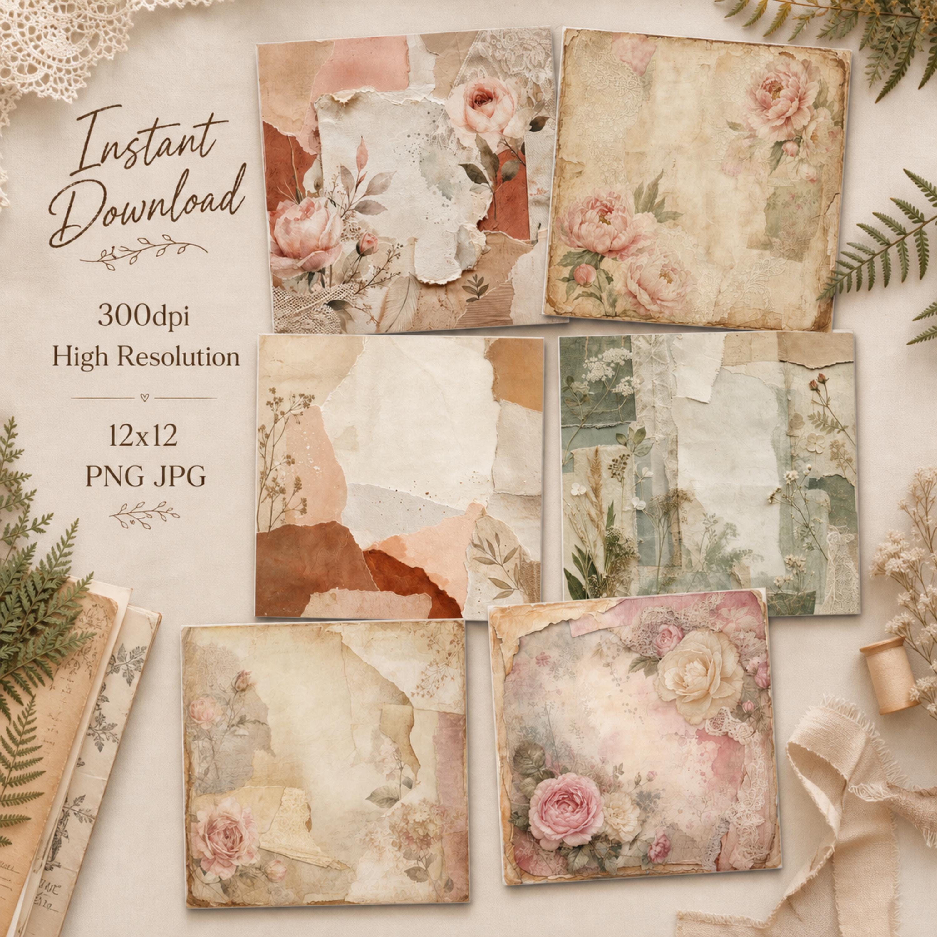 Digital Paper Pack, Printable Scrapbook Paper, Romantic Boho, Instant Download Journal Paper, Vintage Floral Digital Paper, 12x12, 300dpi