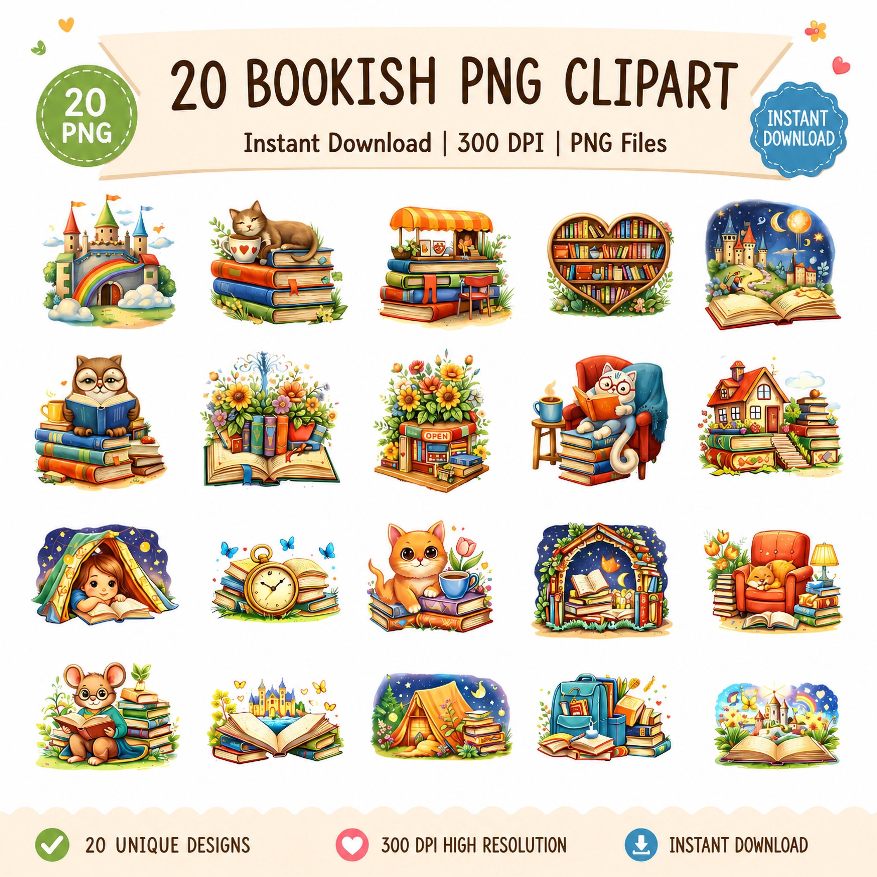 Book Lover PNG Clipart Bundle | Twenty Cute Reading PNG Files | Book Lover Digital Clipart | Cozy Reader Journal Graphics | Instant Download