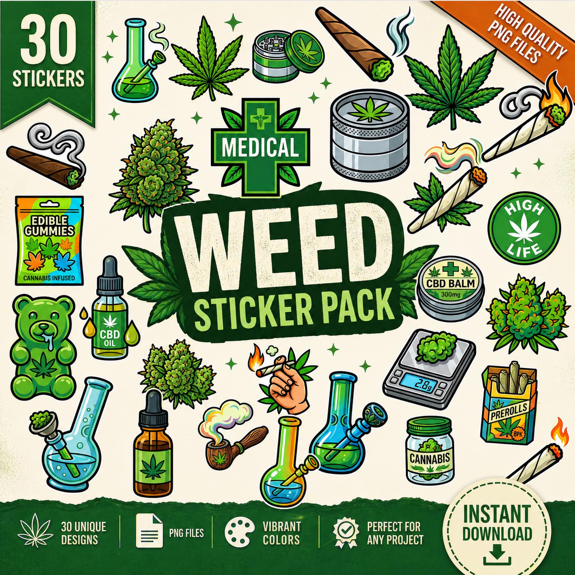 Marijuana Digital PNG Bundle, Printable Weed Stickers, Joint pipe preroll grinder Clipart, Cannabis Instant Download, With Sticker Border