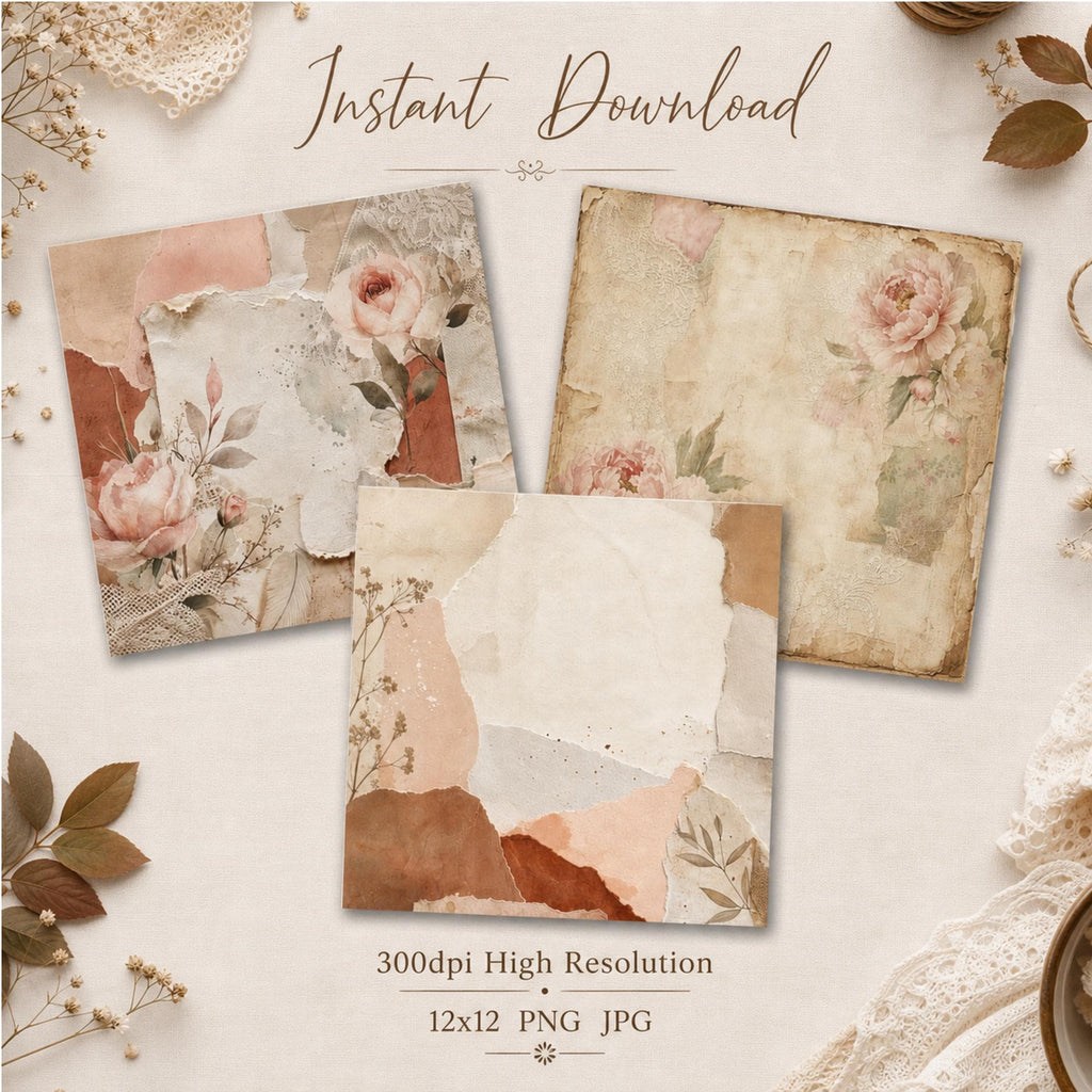 Digital Paper Pack, Printable Scrapbook Paper, Romantic Boho, Instant Download Journal Paper, Vintage Floral Digital Paper, 12x12, 300dpi