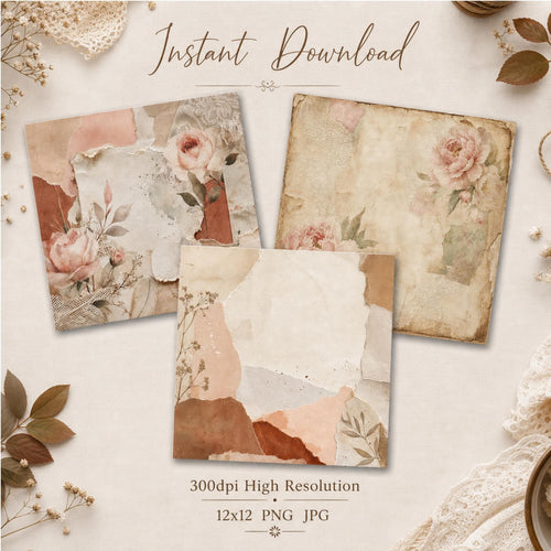 Digital Paper Pack, Printable Scrapbook Paper, Romantic Boho, Instant Download Journal Paper, Vintage Floral Digital Paper, 12x12, 300dpi