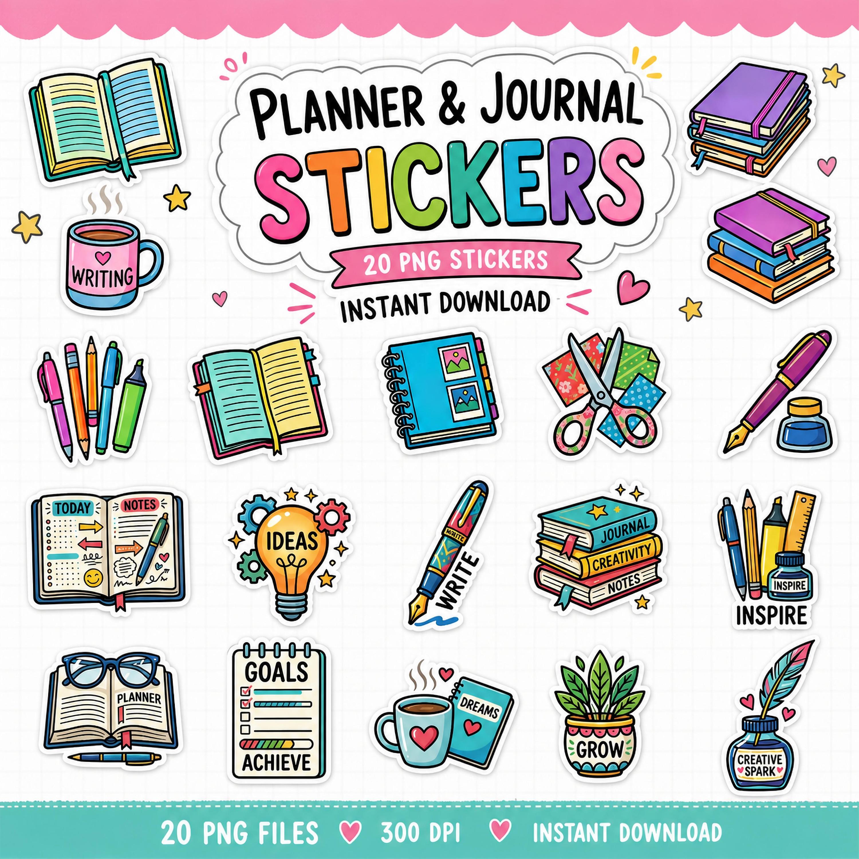 Planner & Journal Stickers Bundle, Twenty PNG Digital Stickers, Cute Journaling Clipart Pack, Writing, Goals, Books, Creative Planner Decor