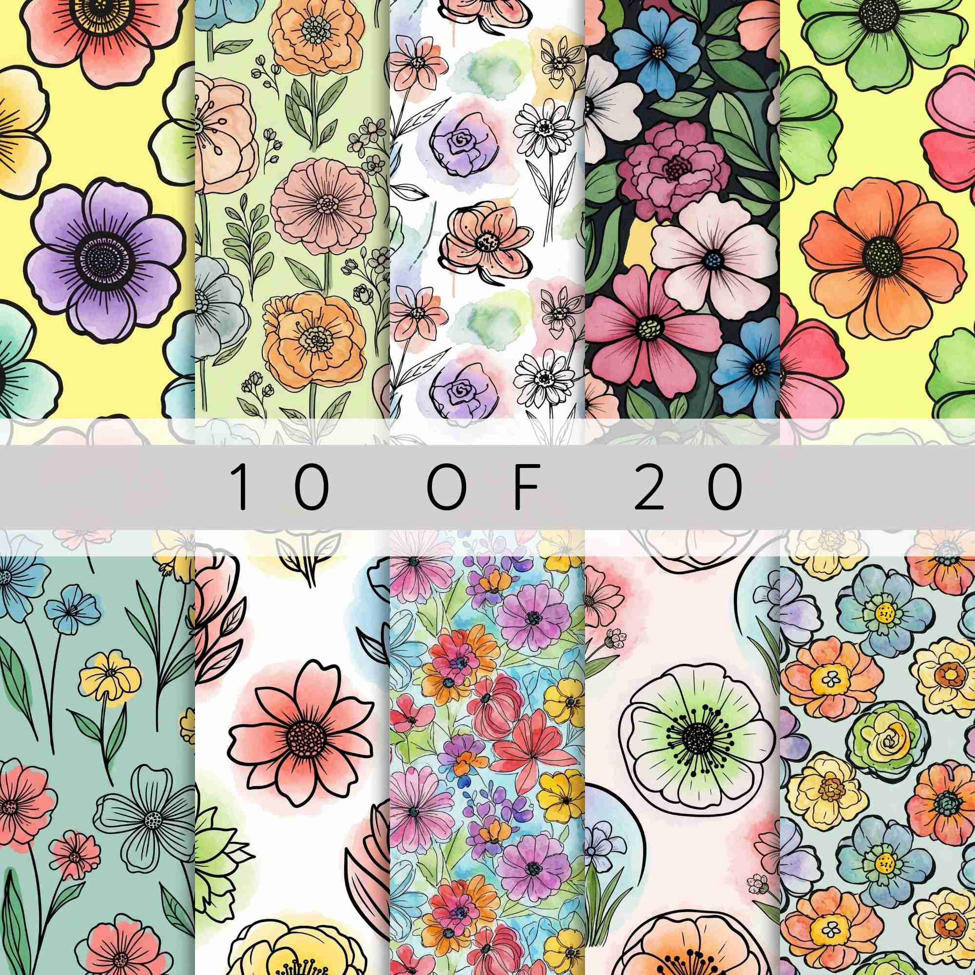 Mixed Floral Watercolor Digital Paper Patterns, Scrap Set, Junk Paper