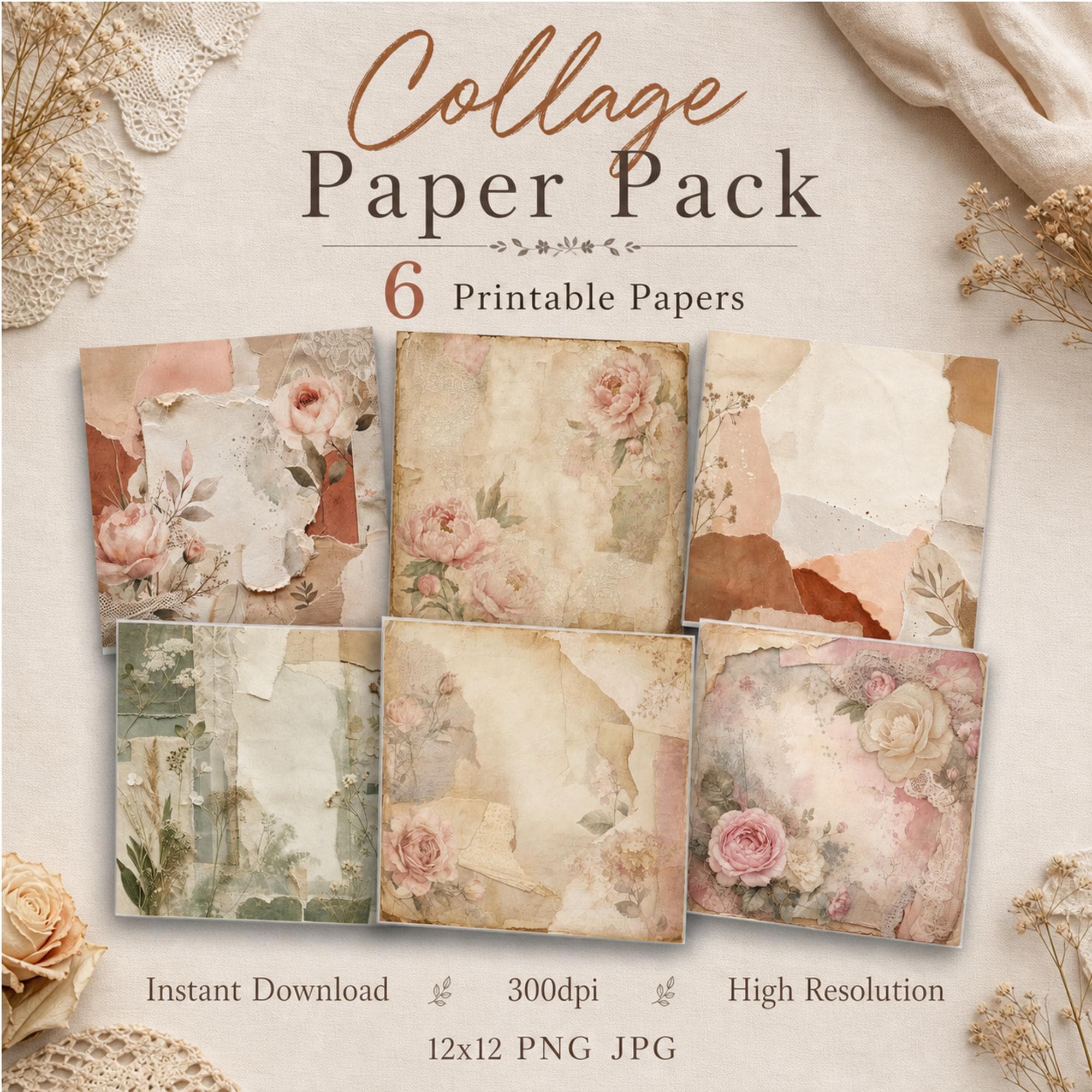 Digital Paper Pack, Printable Scrapbook Paper, Romantic Boho, Instant Download Journal Paper, Vintage Floral Digital Paper, 12x12, 300dpi