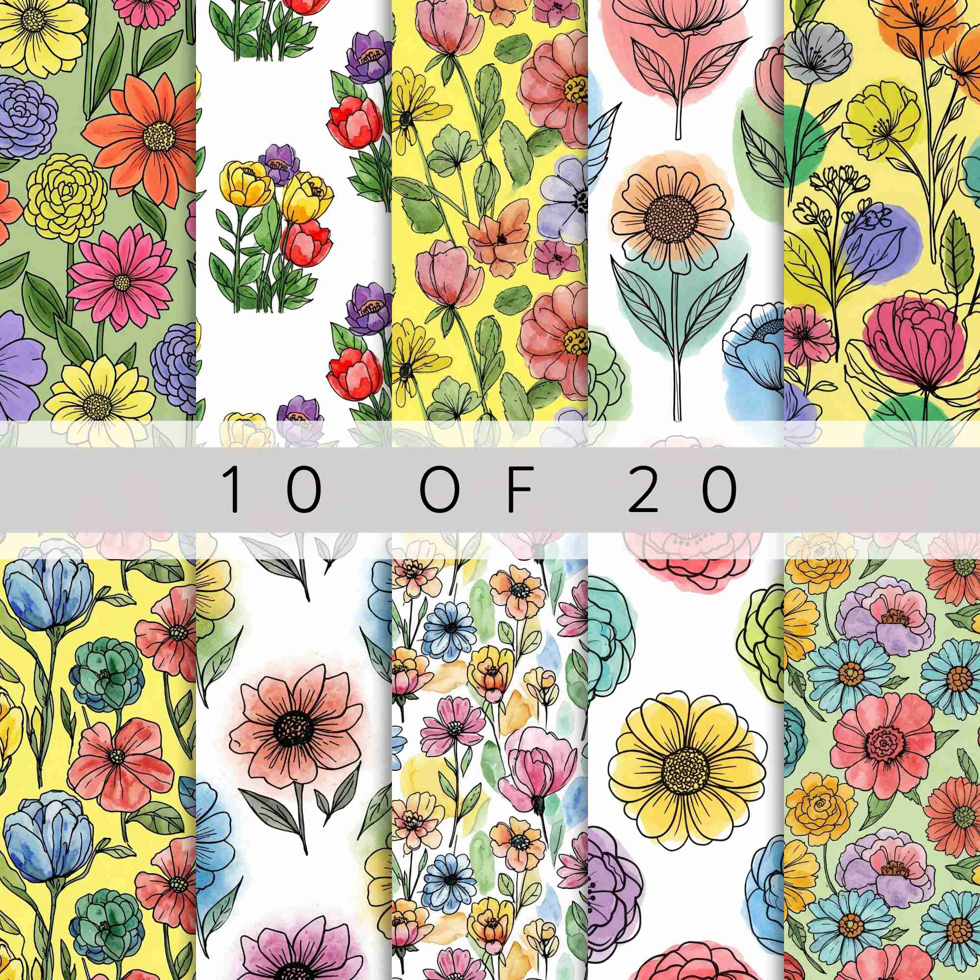 Mixed Floral Watercolor Digital Paper Patterns, Scrap Set, Junk Paper