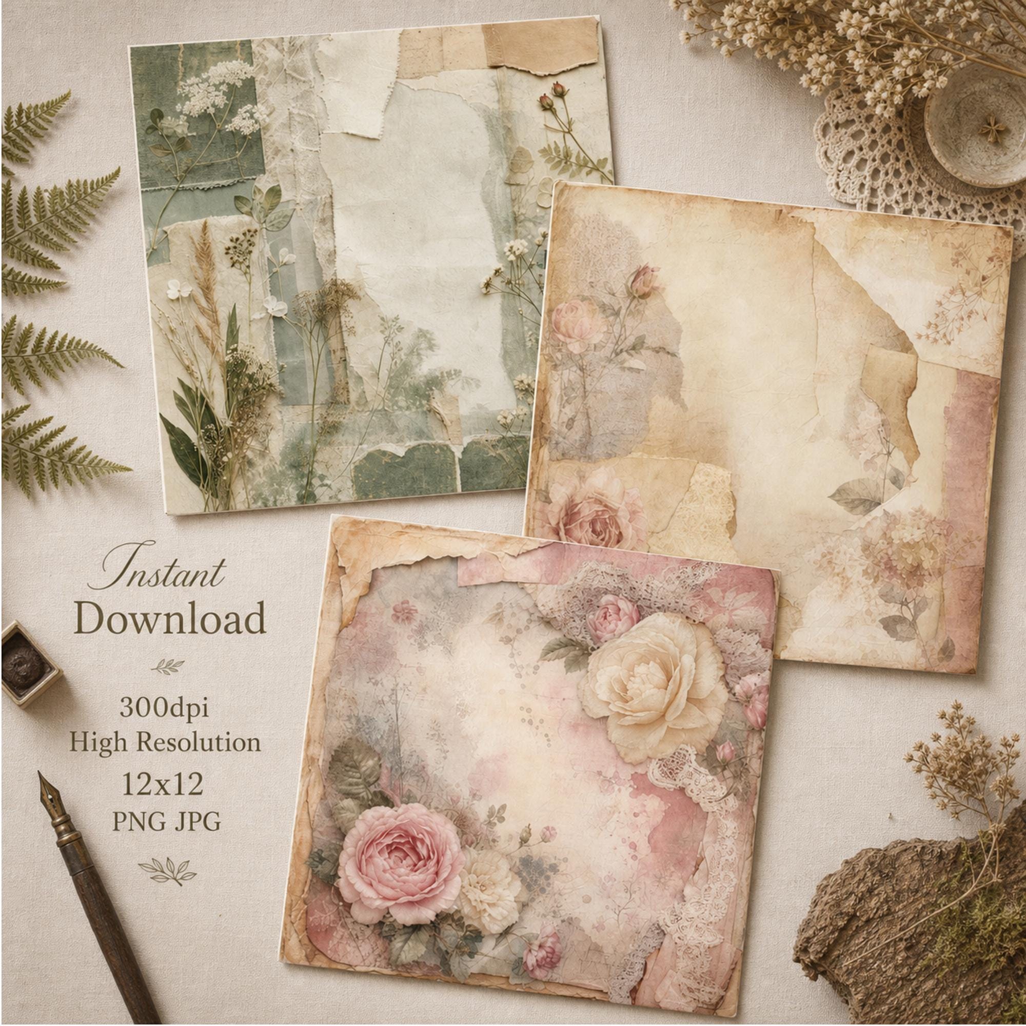 Digital Paper Pack, Printable Scrapbook Paper, Romantic Boho, Instant Download Journal Paper, Vintage Floral Digital Paper, 12x12, 300dpi