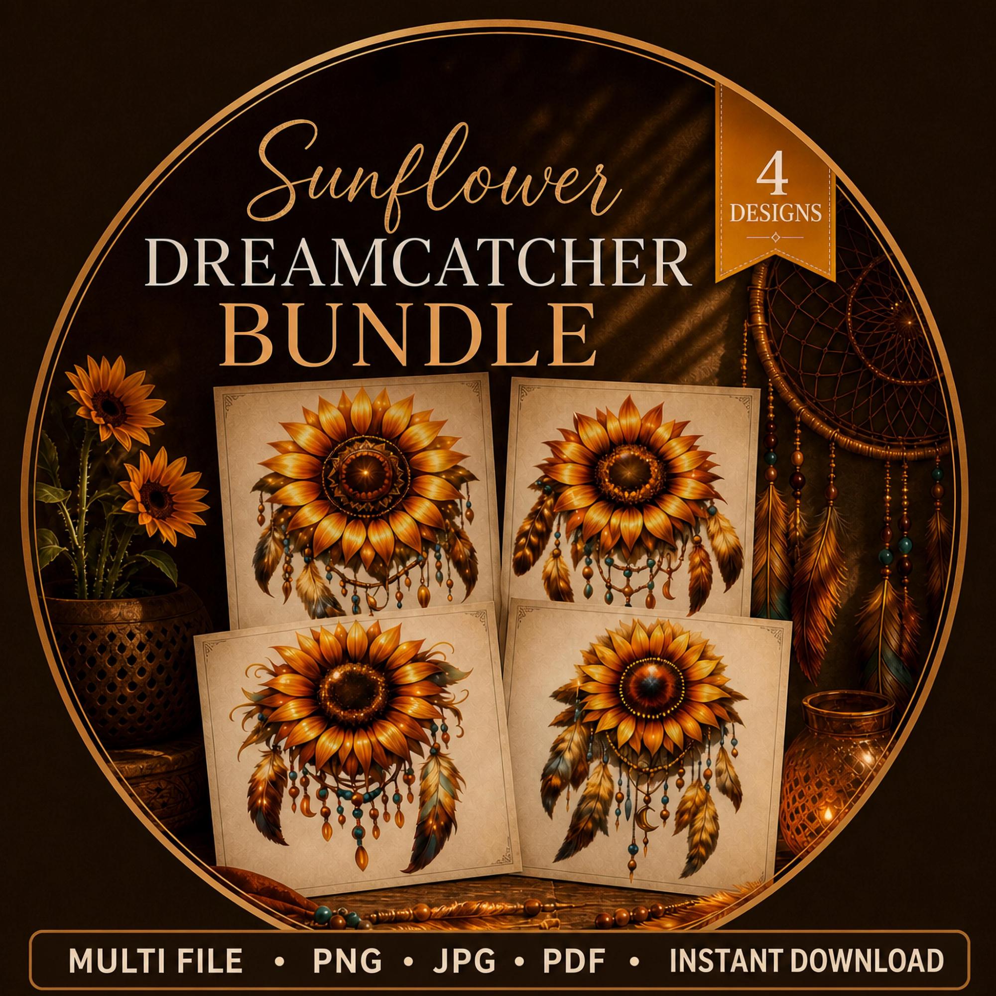 Sunflower PNG Bundle | Set of Four Boho Floral Designs | High Resolution 5000x5000 300 DPI | Sublimation Graphics for Physical Products