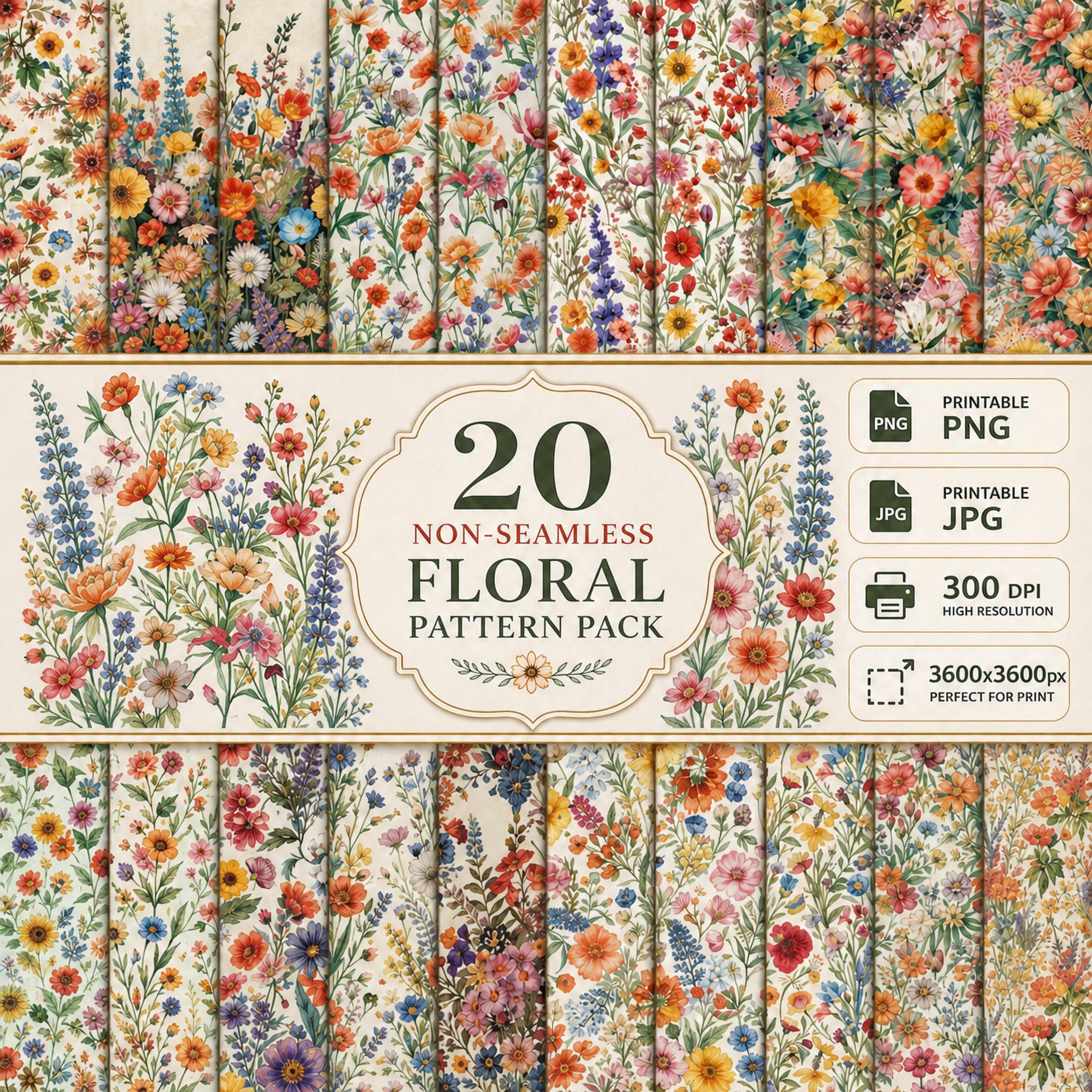 Wildflower Floral Digital Paper Patterns, Watercolor, Junk Paper, PNG, JPG, Printable, 300dpi High Resolution, 3600x3600, 12x12