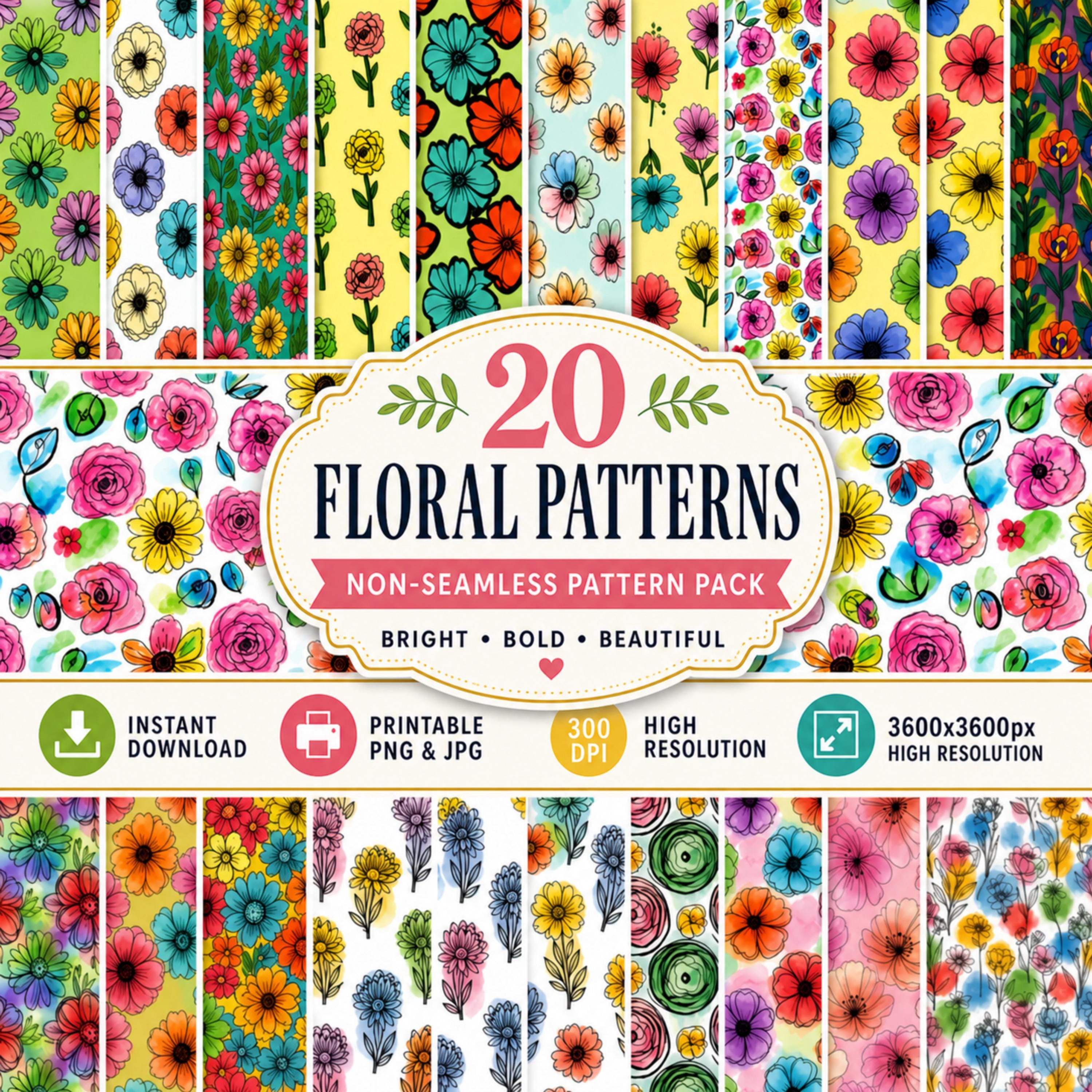 Digital Paper Patterns, Mixed Blooms Floral, Scrap Set, Junk Paper, PNG, JPG, Printable, 300dpi High Resolution, 3600x3600, 12x12