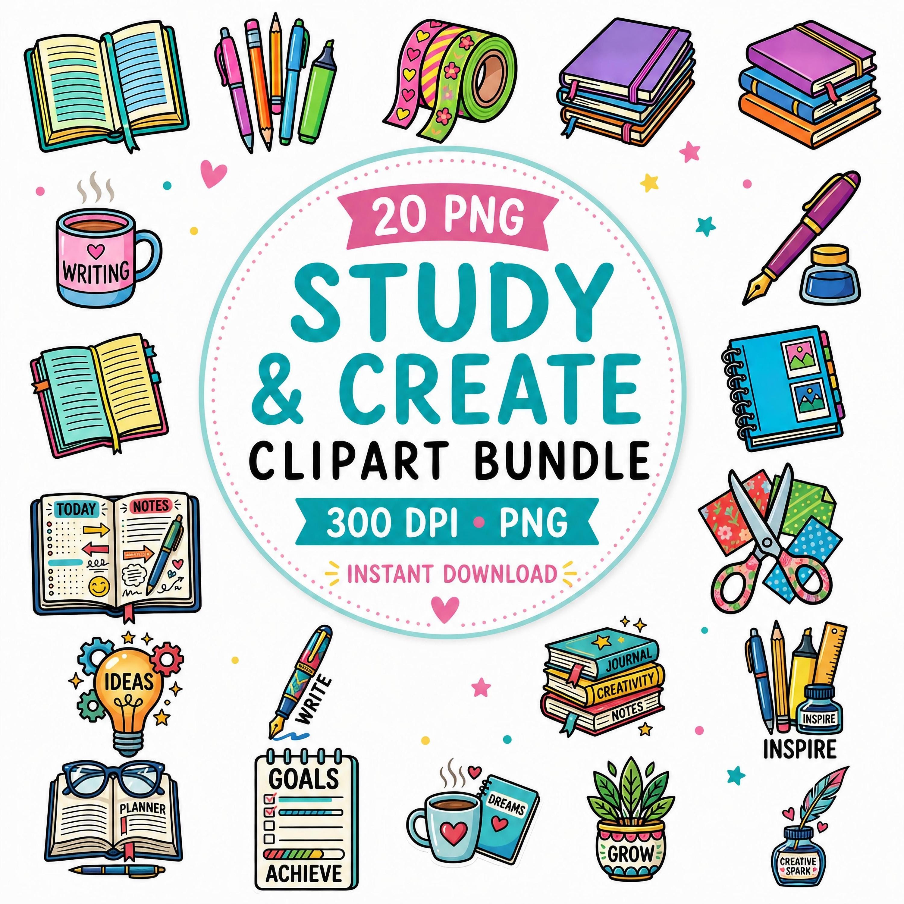 Study & Create Clipart Bundle | Twenty PNG Planner and Journaling Graphics | Cute School Supplies PNG | Study Planner Digital Download