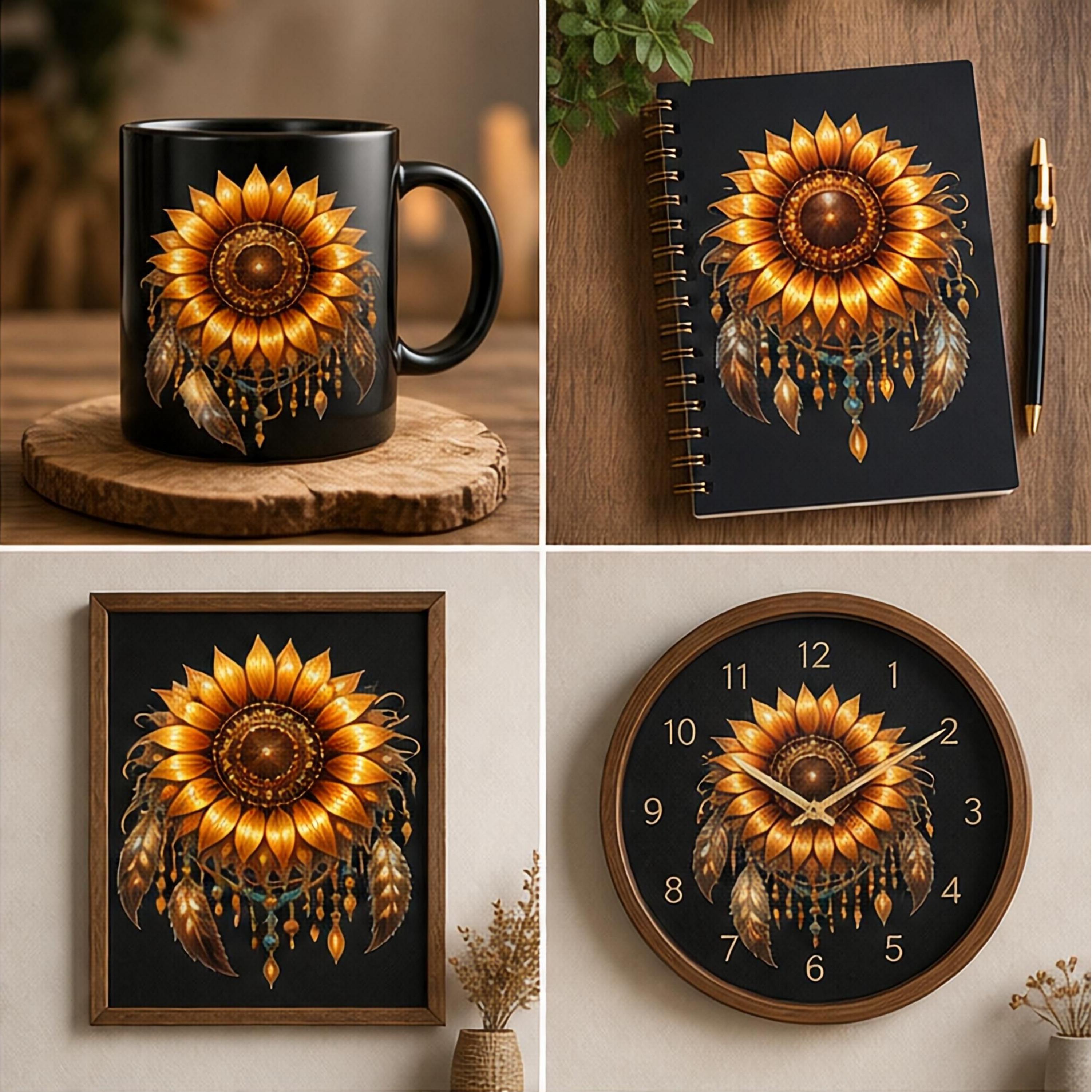Sunflower PNG Bundle | Set of Four Boho Floral Designs | High Resolution 5000x5000 300 DPI | Sublimation Graphics for Physical Products