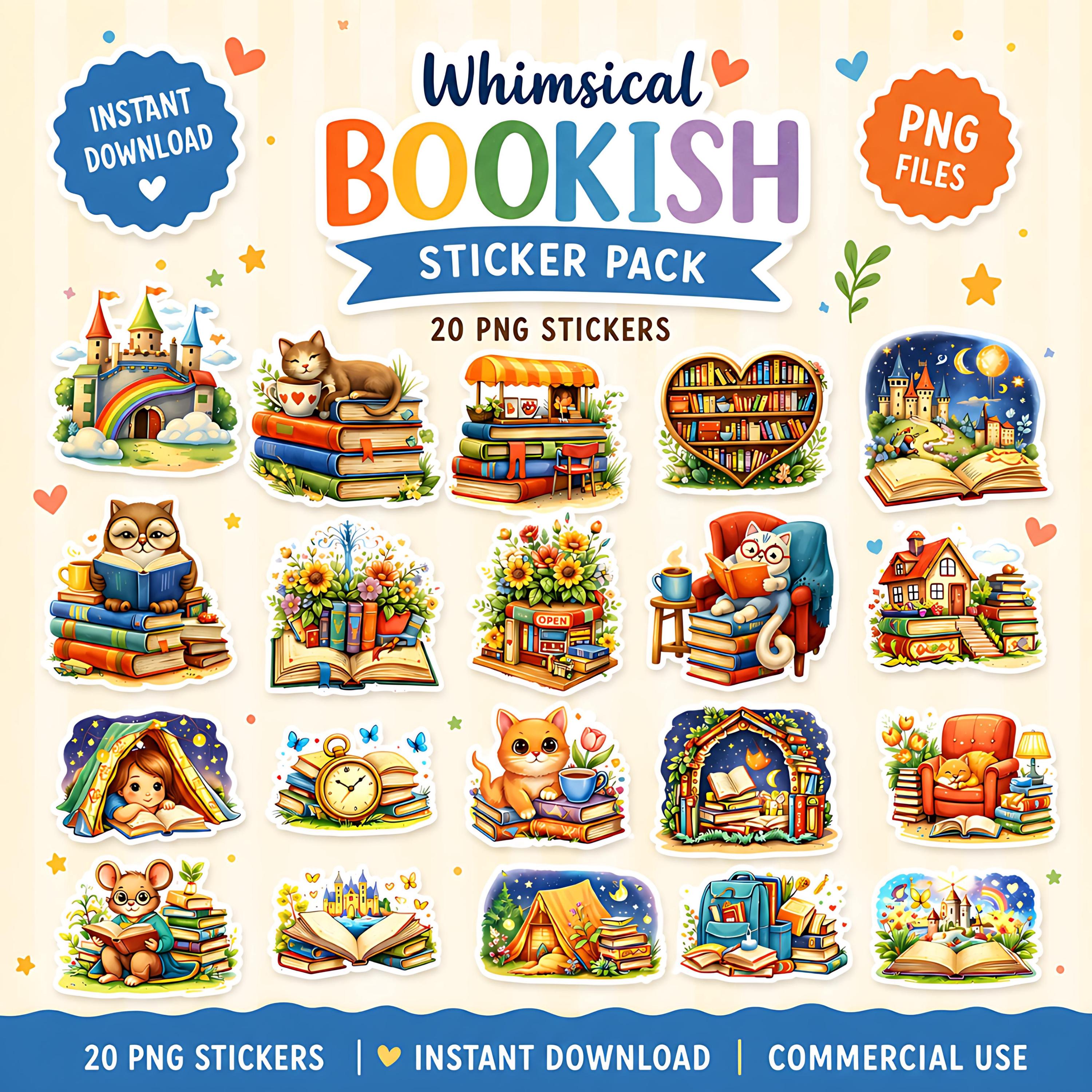 Whimsical Book Lovers Sticker Pack | Twenty PNG Book Lover Stickers | Cute Reading Journal Clipart Bundle | Cozy Reader Digital Download