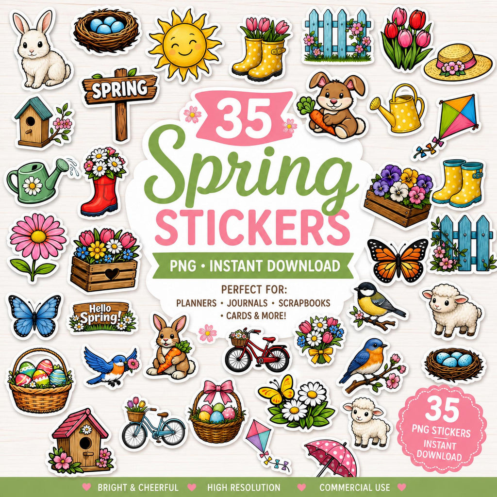 Spring Digital Stickers, Printable Journal PNG, Instant Download Planner Clipart, Sticker Download, Commercial Use, Scrapbooking, Goodnotes