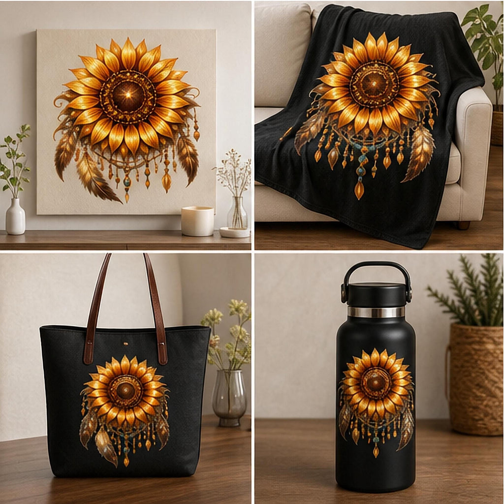 Sunflower PNG Bundle | Set of Four Boho Floral Designs | High Resolution 5000x5000 300 DPI | Sublimation Graphics for Physical Products