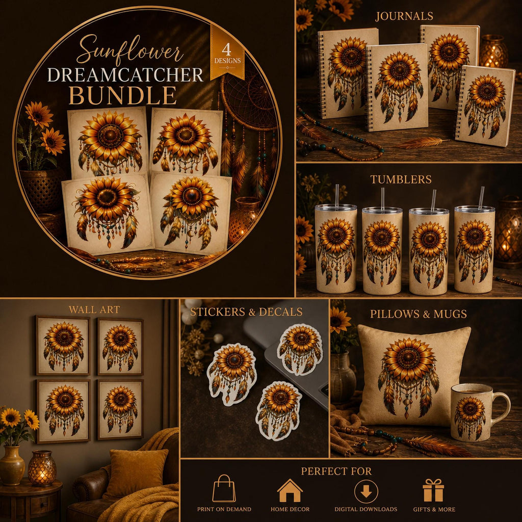 Sunflower PNG Bundle | Set of Four Boho Floral Designs | High Resolution 5000x5000 300 DPI | Sublimation Graphics for Physical Products