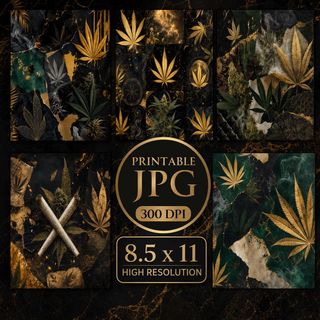 Marijuana Collage Paper Bundle | Twenty-Five Cannabis Digital Papers | Dark Luxury Weed Scrapbook Paper | Junk Journal Printable Backgrounds