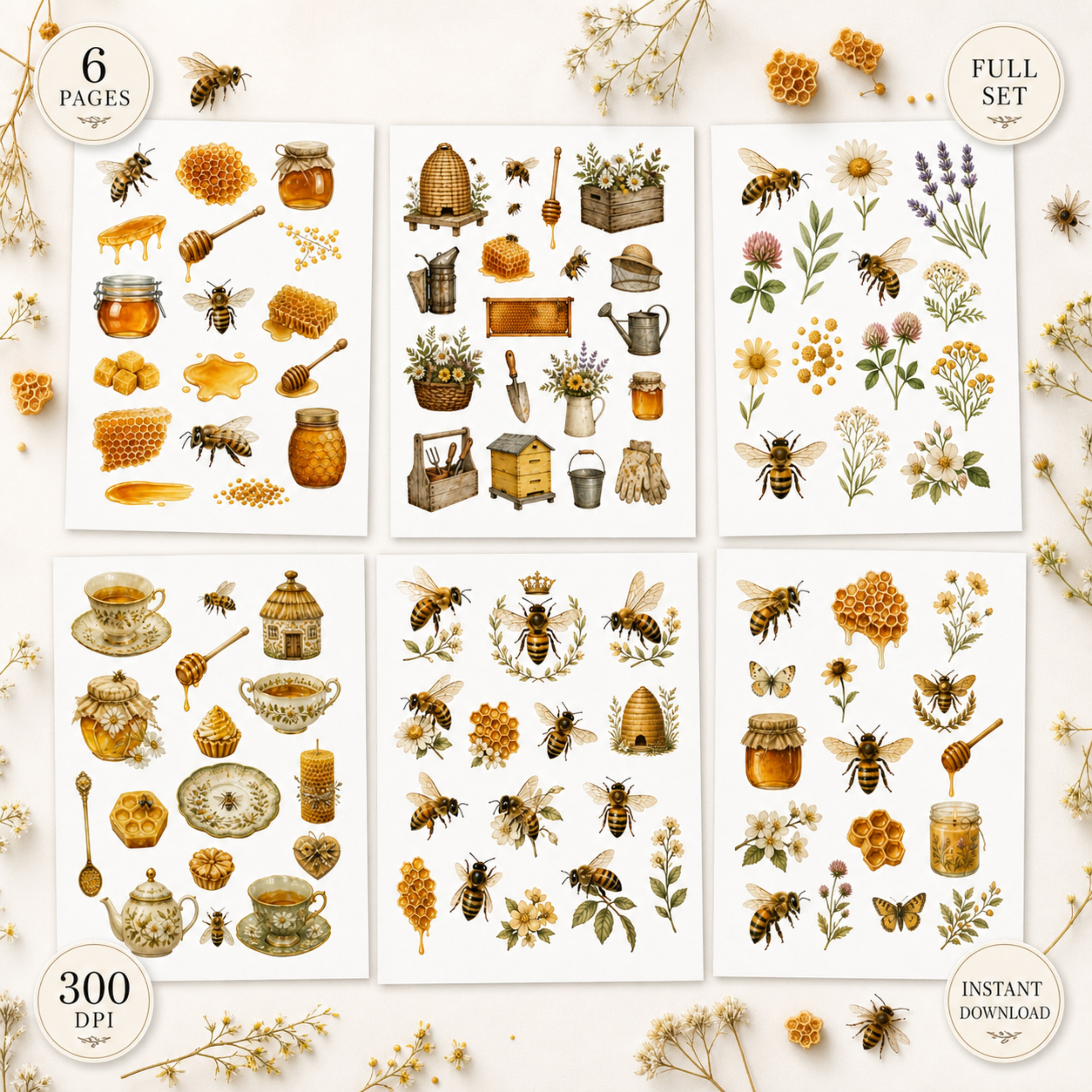 Bees & Honey Fussy Cuts Bundle, 6 Page Printable Bee Ephemera, Beekeeping Clipart, Cottagecore PNG JPG, Junk Journal Kit