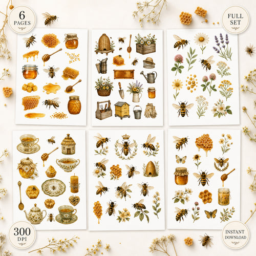 Bees & Honey Fussy Cuts Bundle, 6 Page Printable Bee Ephemera, Beekeeping Clipart, Cottagecore PNG JPG, Junk Journal Kit