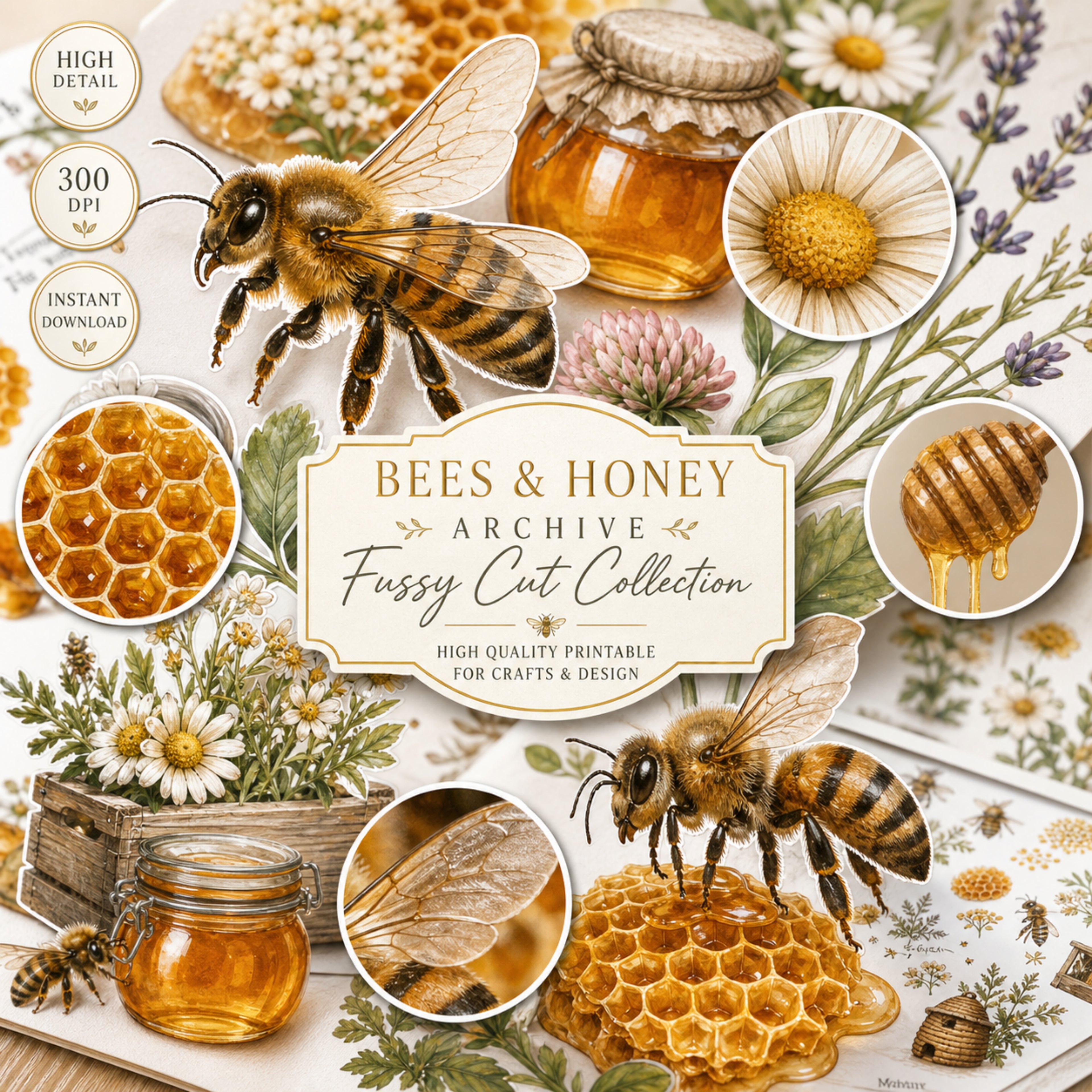 Bees & Honey Fussy Cuts Bundle, 6 Page Printable Bee Ephemera, Beekeeping Clipart, Cottagecore PNG JPG, Junk Journal Kit