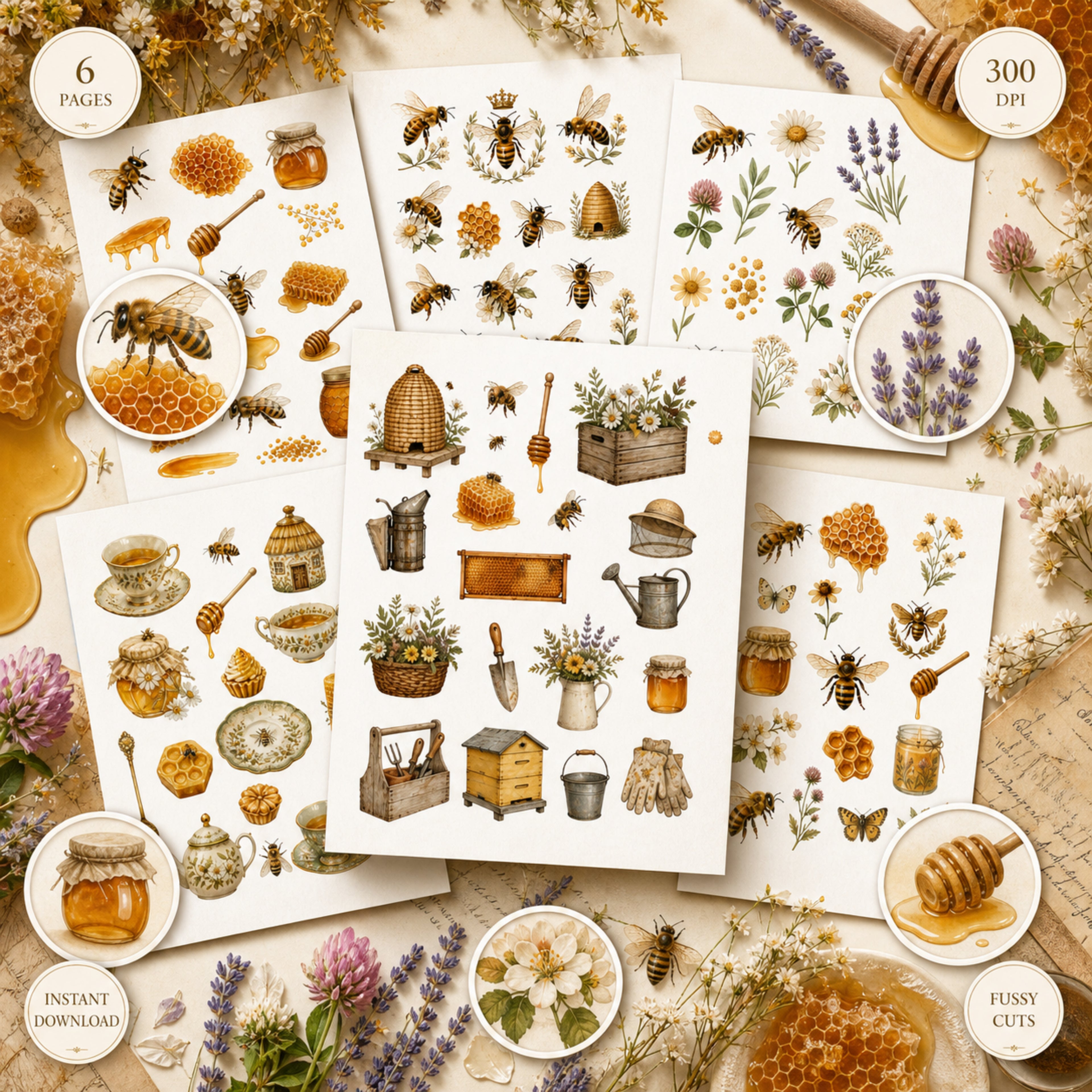 Bees & Honey Fussy Cuts Bundle, 6 Page Printable Bee Ephemera, Beekeeping Clipart, Cottagecore PNG JPG, Junk Journal Kit