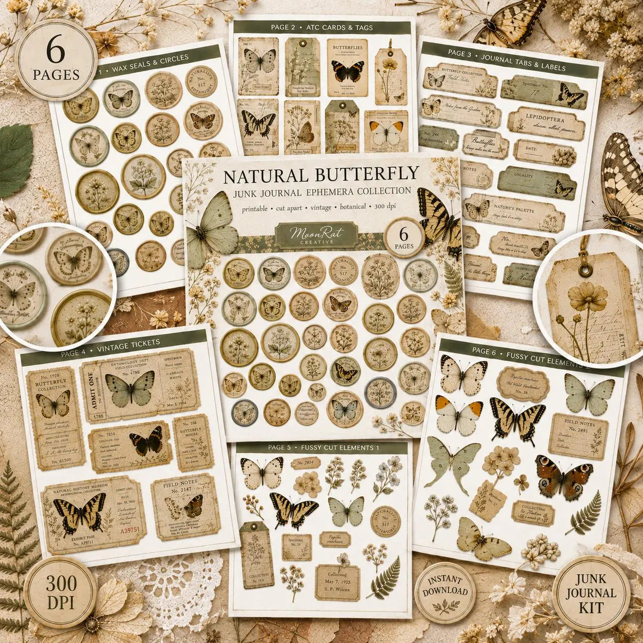 Butterfly Junk Journal Kit, 6 Page Printable Butterfly Ephemera Bundle, Vintage Botanical Journal Supplies, Cottagecore JPG