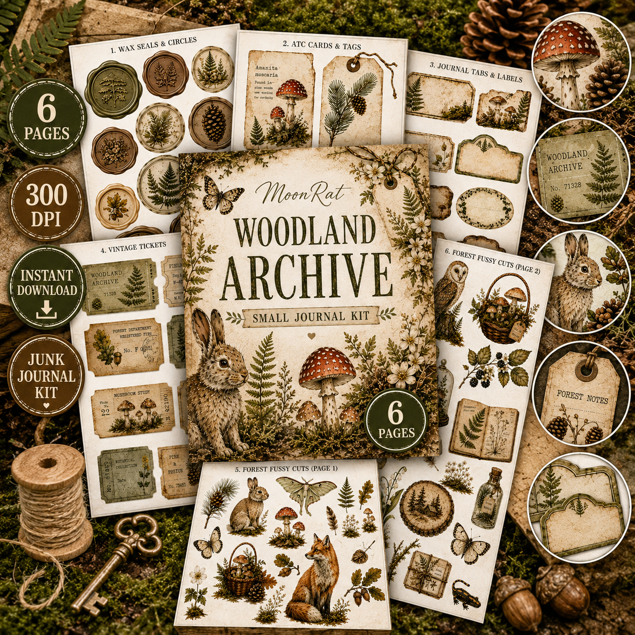 Woodland Archive Junk Journal Kit, 6 Page Forest Ephemera Bundle, Woodland Printable Kit, Cottagecore Journal Supplies
