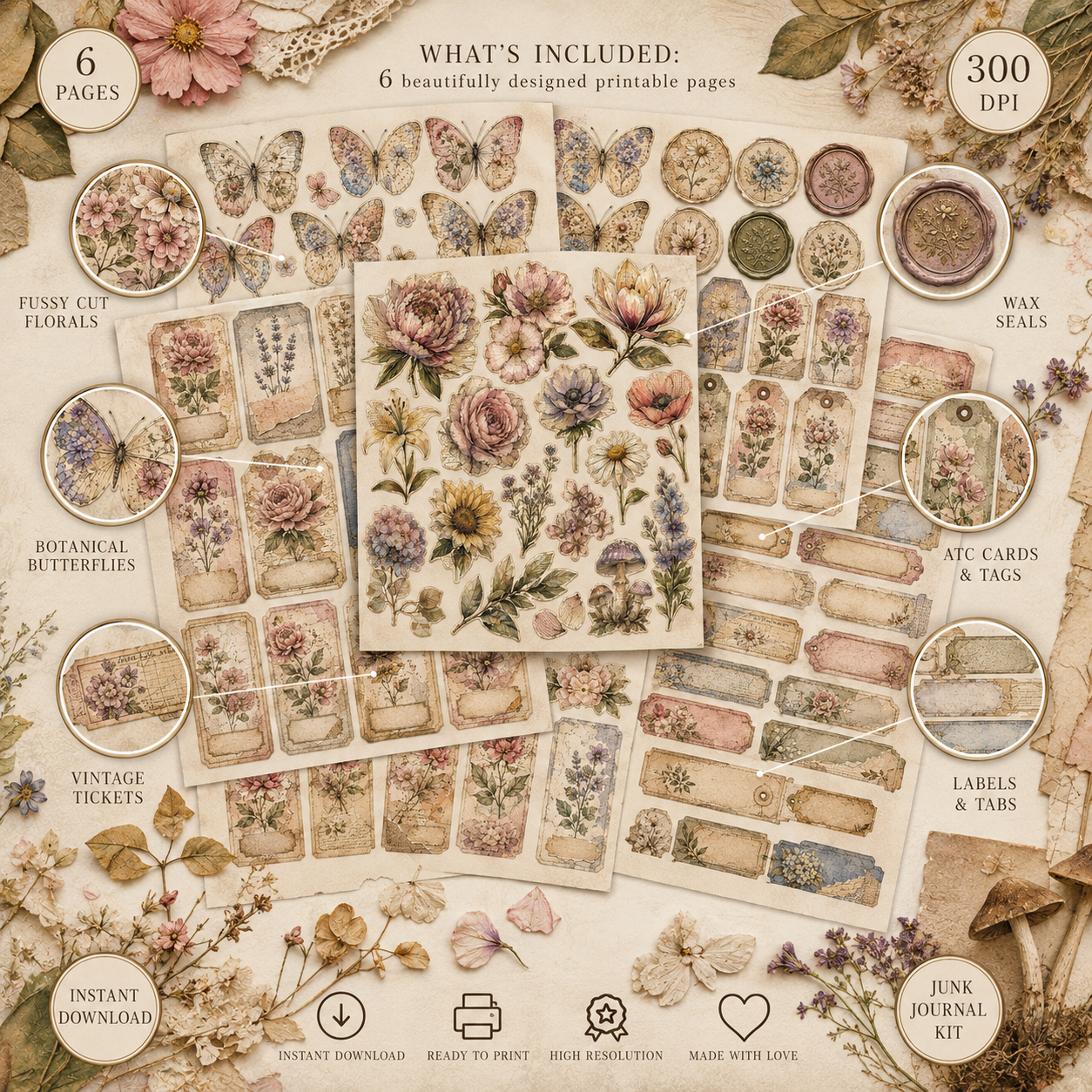 Vintage Floral Junk Journal Kit, 6 Page Printable Botanical Ephemera Bundle, Cottagecore Journal Supplies, Romantic Flower JPG