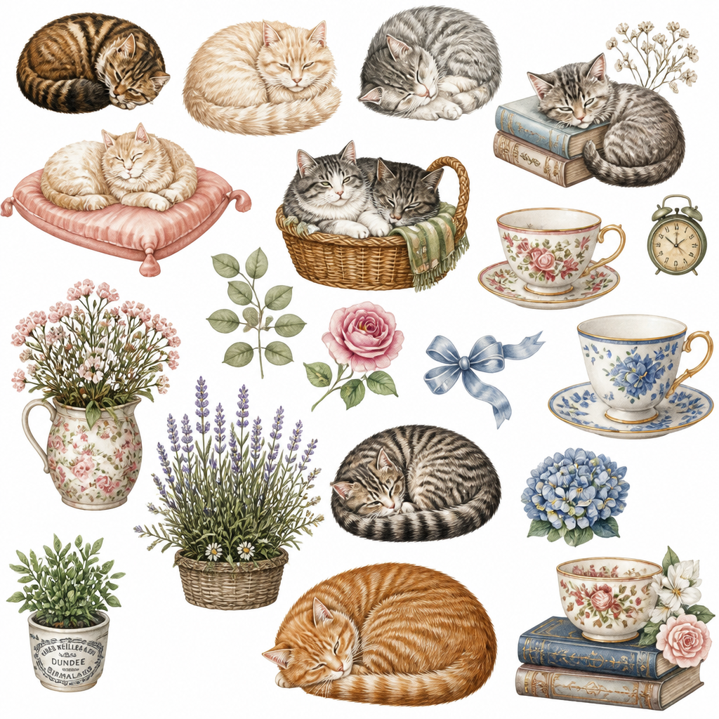 Vintage Cat Fussy Cuts Printable, 10 Page Cat Ephemera Bundle, Junk Journal Cats, Watercolor Cats, Scrapbook Elements, 300 DPI