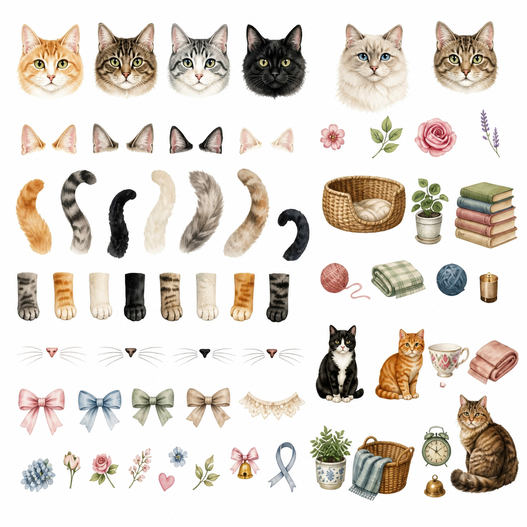 Vintage Cat Fussy Cuts Printable, 10 Page Cat Ephemera Bundle, Junk Journal Cats, Watercolor Cats, Scrapbook Elements, 300 DPI