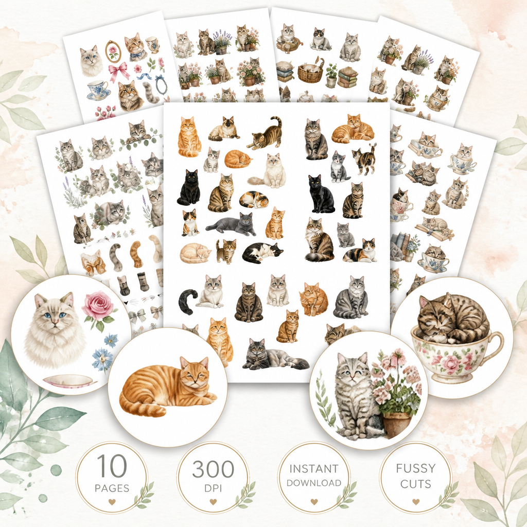 Vintage Cat Fussy Cuts Printable, 10 Page Cat Ephemera Bundle, Junk Journal Cats, Watercolor Cats, Scrapbook Elements, 300 DPI