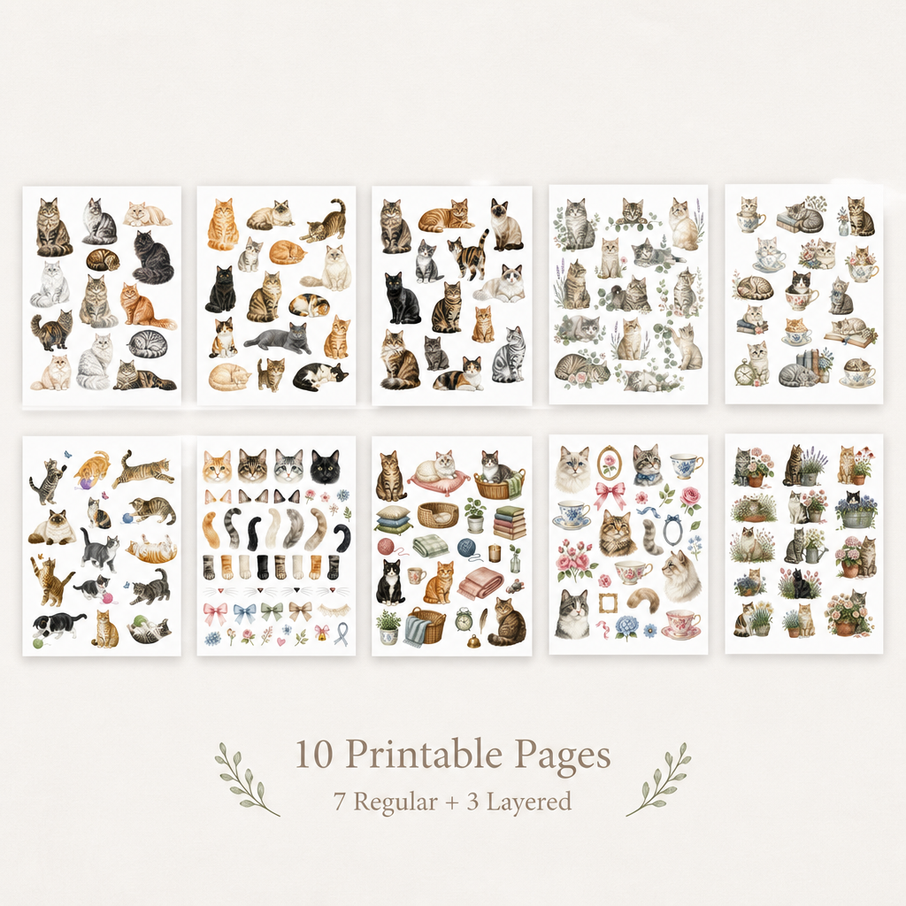 Vintage Cat Fussy Cuts Printable, 10 Page Cat Ephemera Bundle, Junk Journal Cats, Watercolor Cats, Scrapbook Elements, 300 DPI