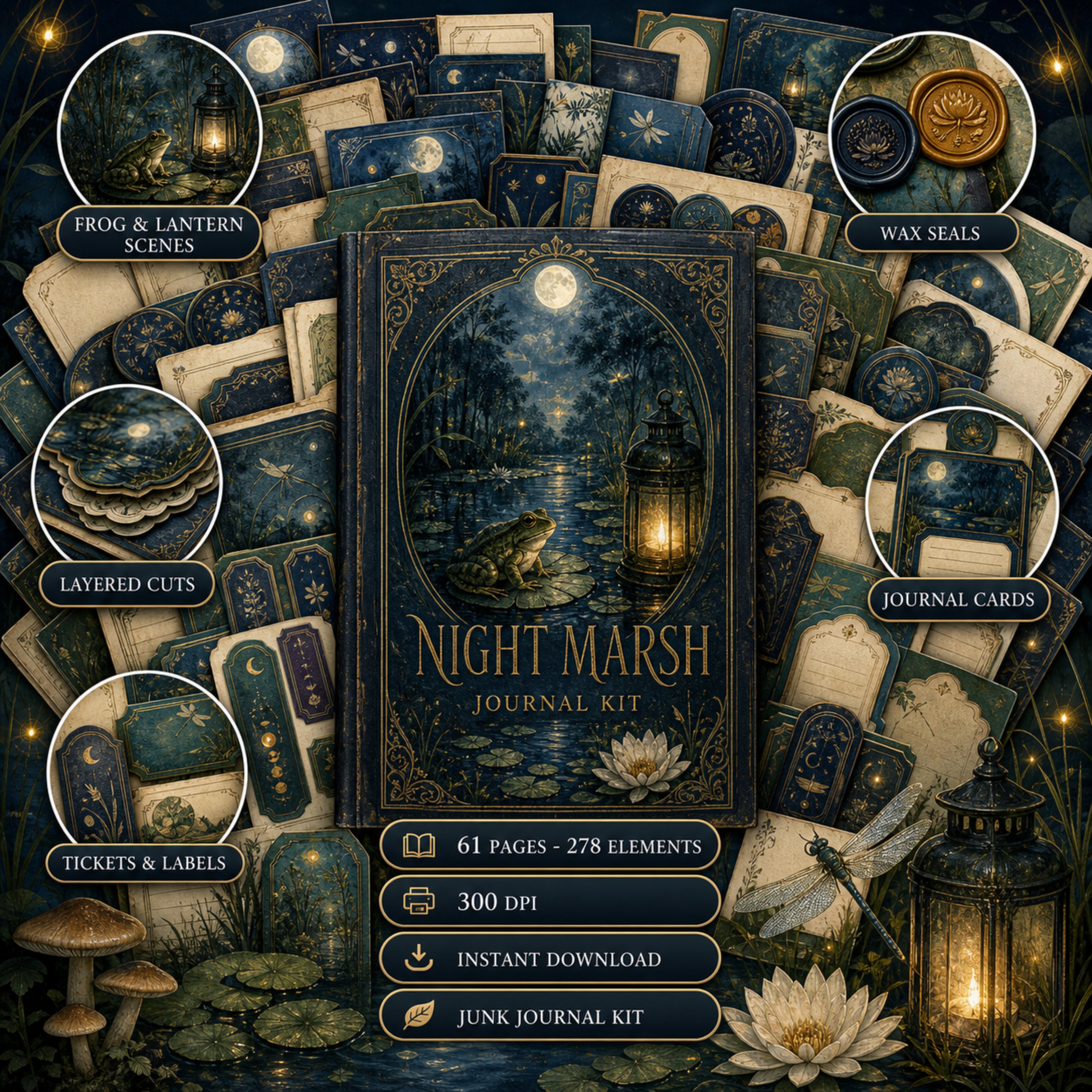 Night Marsh Junk Journal Kit, 81 Page Printable Ephemera Bundle, Frog Journal Kit, Moonlit Marsh Journal Pages, 500 Elements