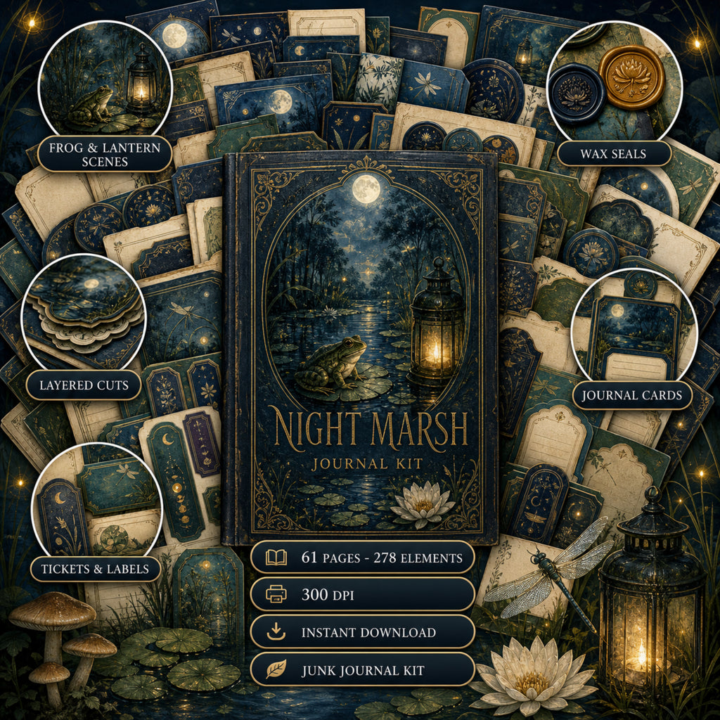 Night Marsh Junk Journal Kit, 81 Page Printable Ephemera Bundle, Frog Journal Kit, Moonlit Marsh Journal Pages, 500 Elements