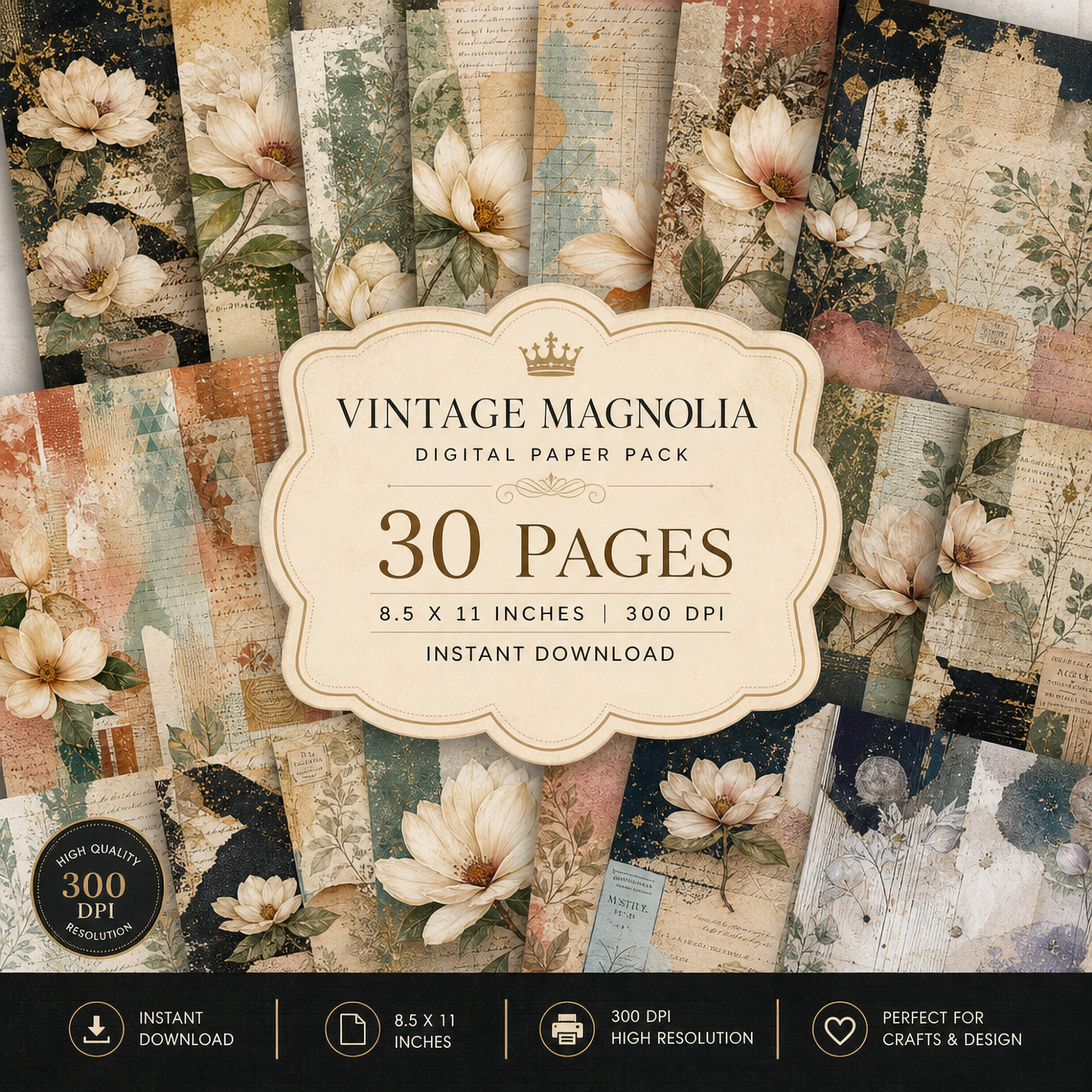 Vintage Magnolia Digital Paper Pack – 30 Floral Printable Pages