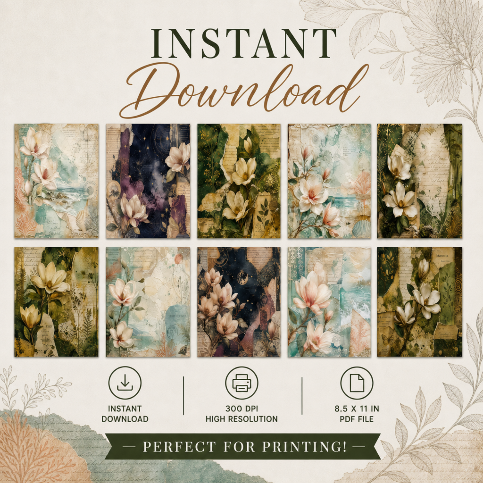 Vintage Magnolia Digital Paper Pack – 30 Floral Printable Pages