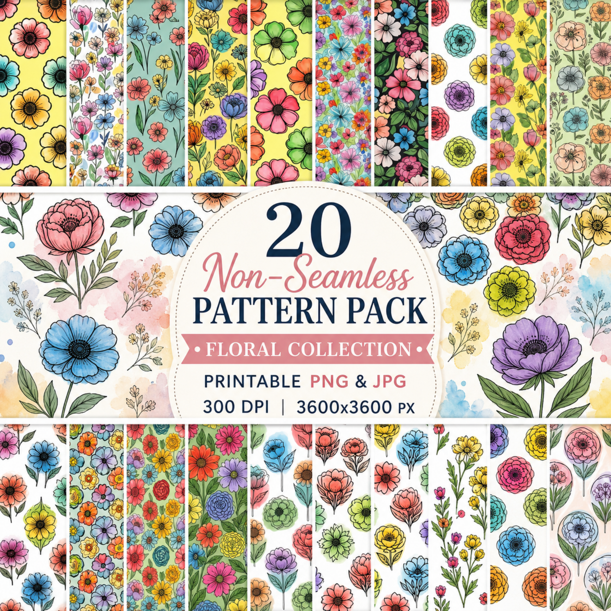 Mixed Floral Watercolor Digital Paper Patterns, Scrap Set, Junk Paper