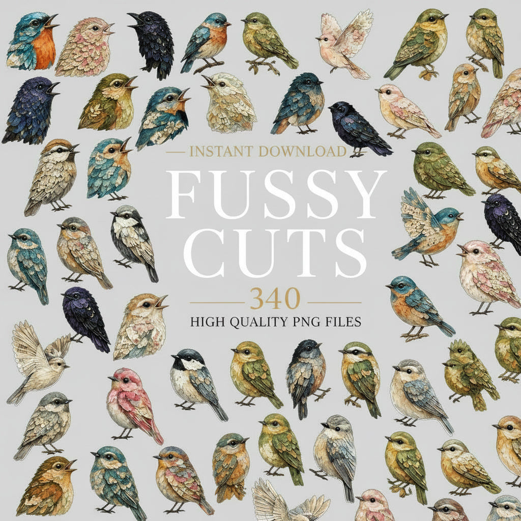 Vintage Bird Fussy Cuts PNG Bundle, 340 Printable Bird Clipart, 28 Page Ephemera Pack, Junk Journal Birds, Commercial Use