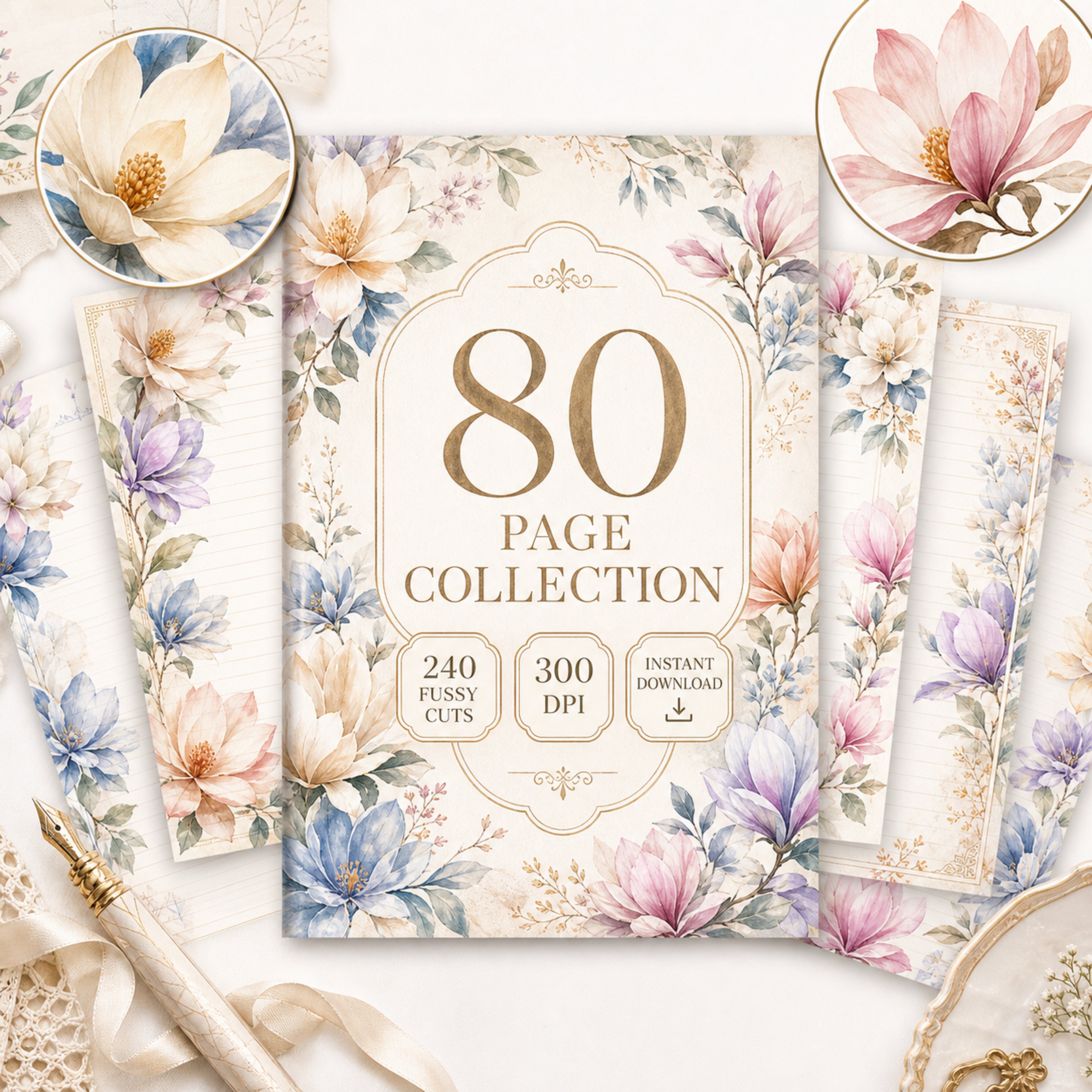 Magnolia Junk Journal Kit, 80 Page Printable Journal Bundle, Floral Ephemera Pack, 240 Fussy Cuts, Vintage Journal Pages