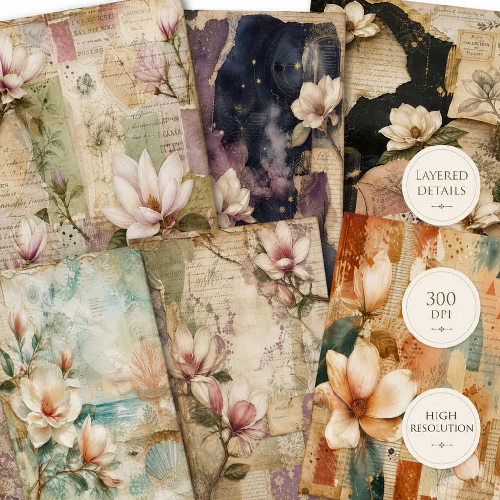 Magnolia Collage Papers Bundle, 20 Printable Floral Backgrounds, Vintage Magnolia Digital Paper, JPG Junk Journal Kit