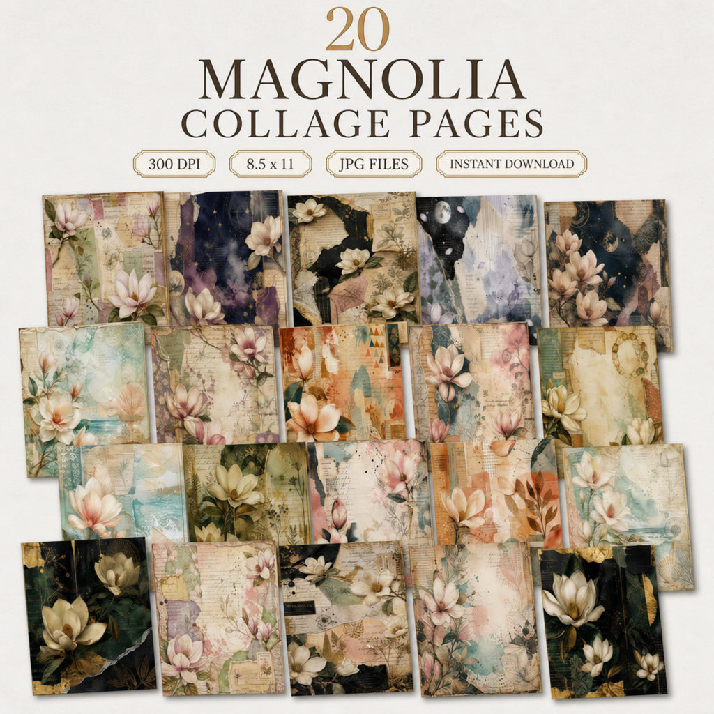 Magnolia Collage Papers Bundle, 20 Printable Floral Backgrounds, Vintage Magnolia Digital Paper, JPG Junk Journal Kit