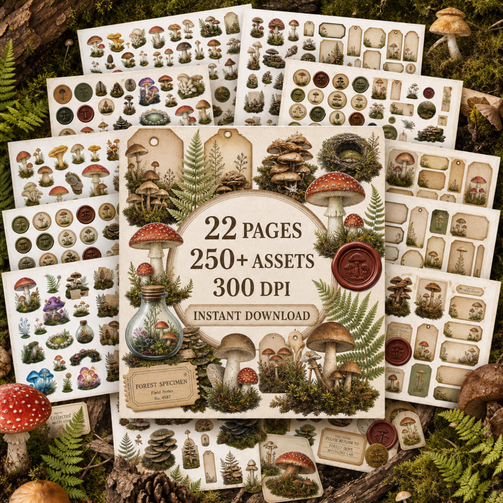 Free Mushroom Biome Junk Journal Kit, 22 Printable JPG Pages, Mushroom Fussy Cuts, Journal Ephemera, Commercial Use