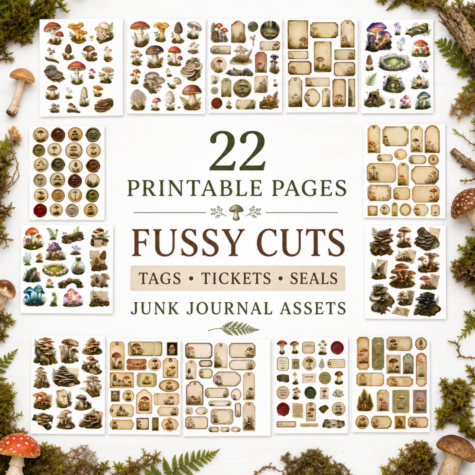 Free Mushroom Biome Junk Journal Kit, 22 Printable JPG Pages, Mushroom Fussy Cuts, Journal Ephemera, Commercial Use