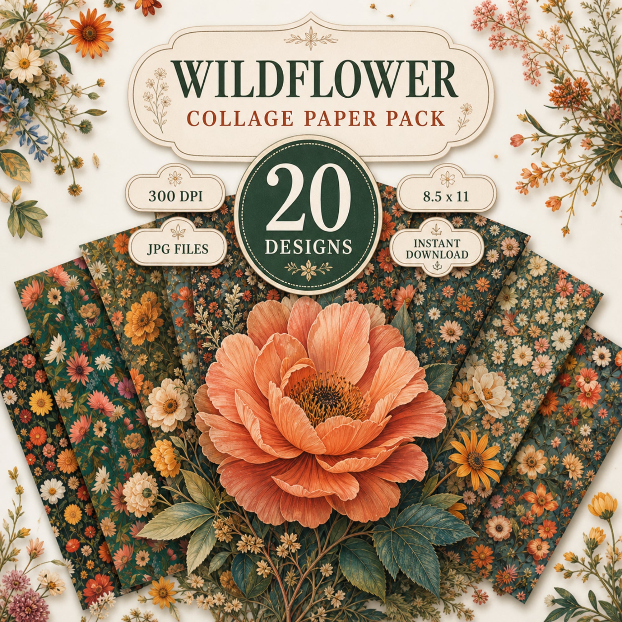 Wildflower Collage Papers Bundle, 20 Printable Floral Backgrounds, Vintage Flower Scrapbook Paper, JPG Junk Journal Kit