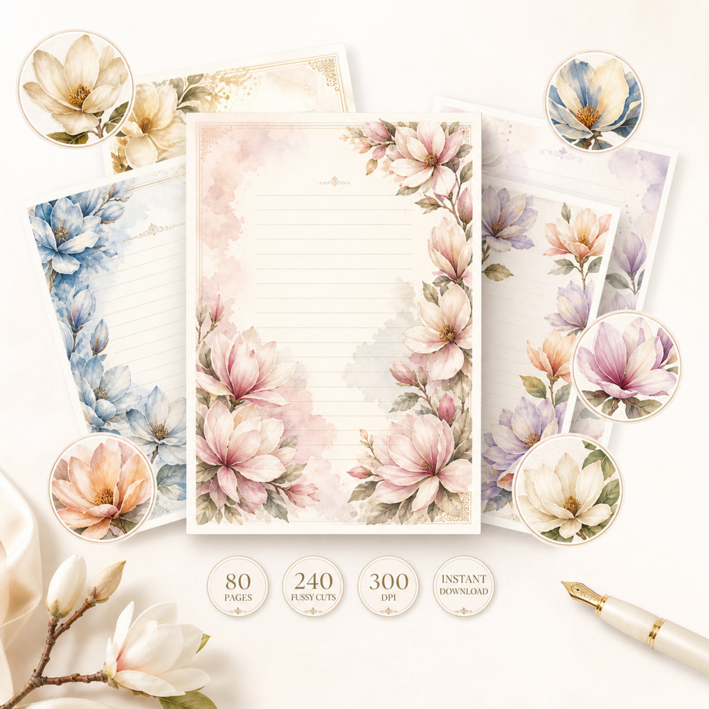 Magnolia Junk Journal Kit, 80 Page Printable Journal Bundle, Floral Ephemera Pack, 240 Fussy Cuts, Vintage Journal Pages