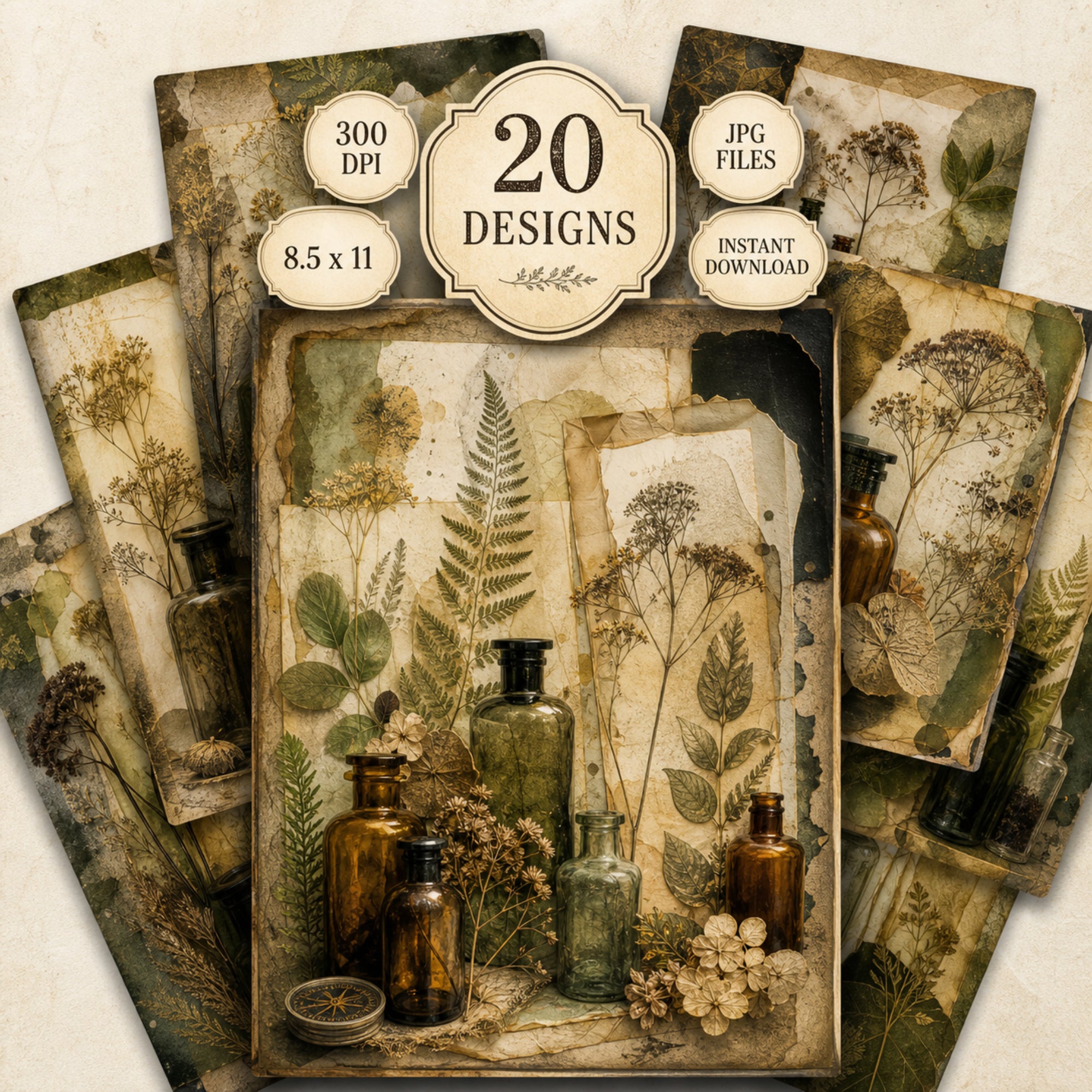 Vintage Apothecary Collage Papers Bundle, 20 Printable Botanical Backgrounds, Herbal Journal Pages, JPG Junk Journal Kit