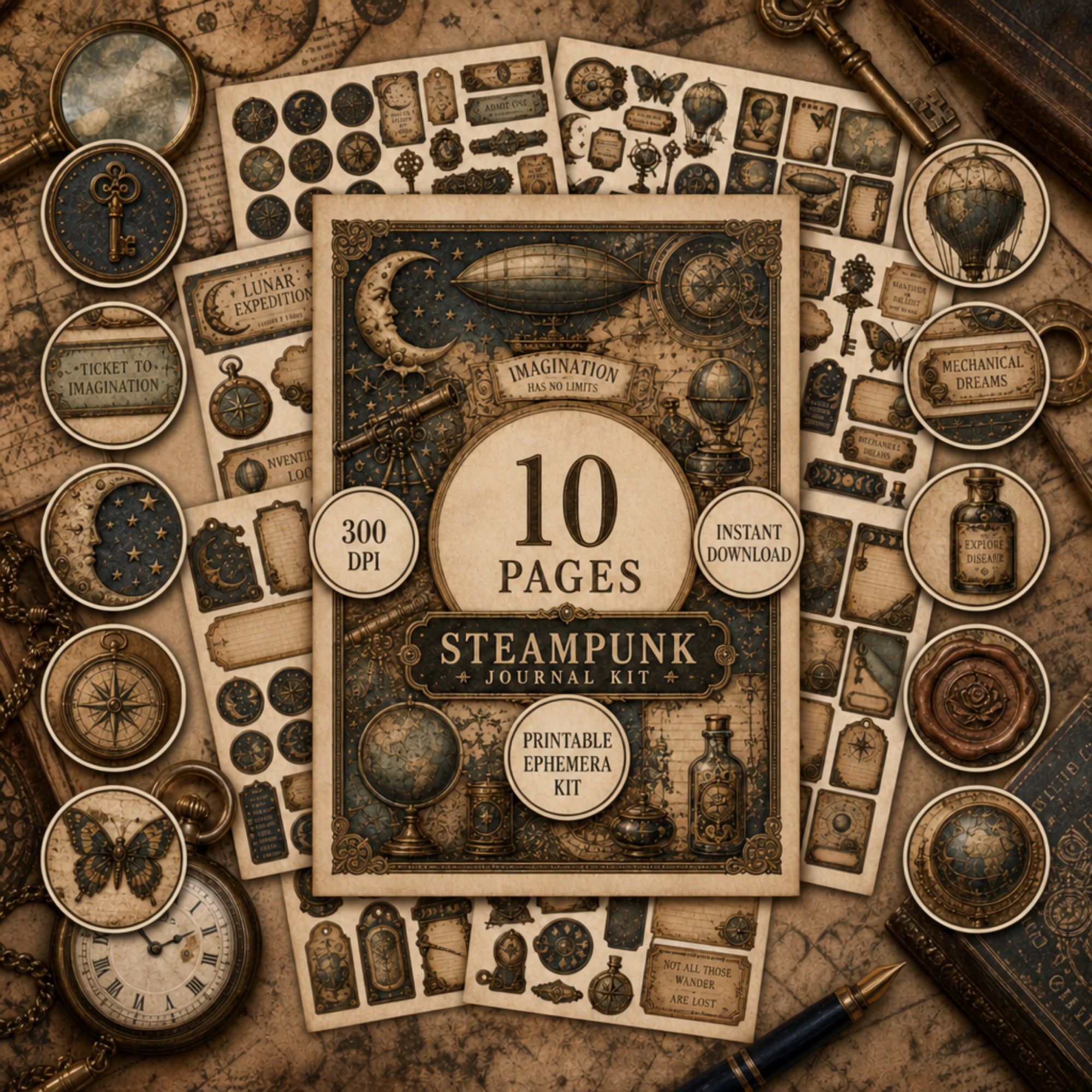 Steampunk Journal Kit, 10 Page Printable Ephemera Bundle, Vintage Explorer Junk Journal, JPG Scrapbook Elements