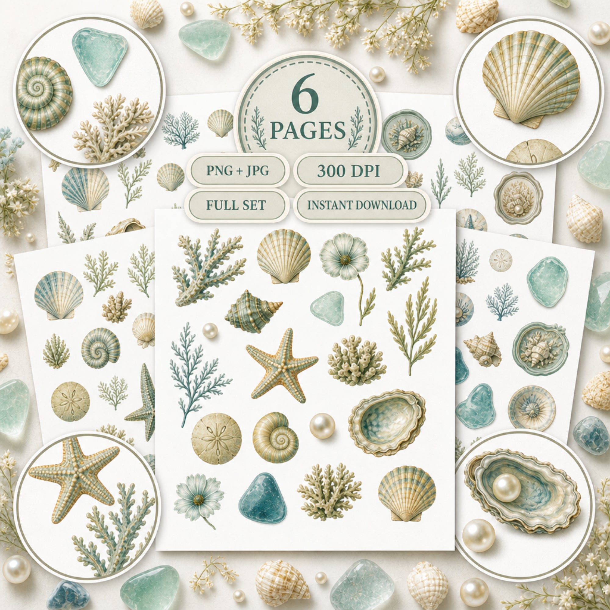 Coastal Seashell Fussy Cuts Bundle, 6 Page Printable Beach Ephemera, Sea Glass & Starfish PNG JPG, Junk Journal Supplies