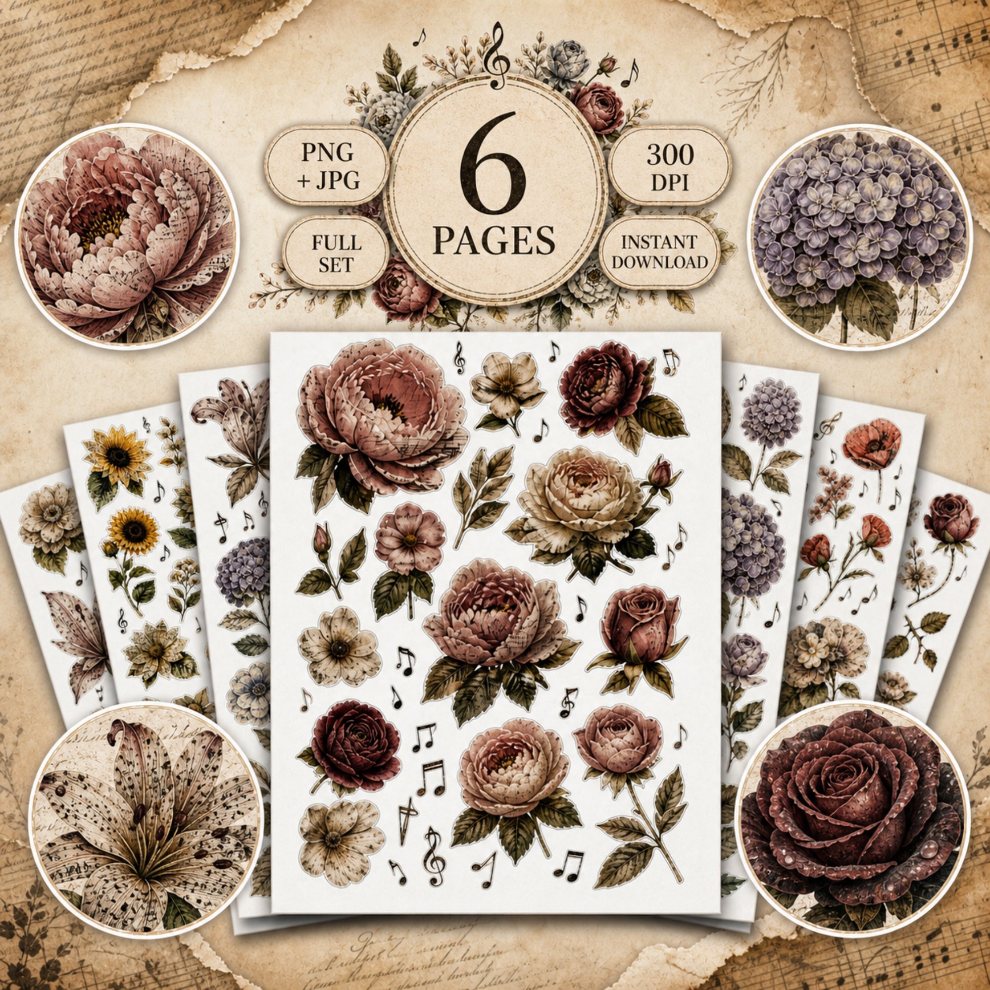 Vintage Floral Music Fussy Cuts Bundle, 6 Page Printable Flower Ephemera, JPG Junk Journal Supplies, Romantic Botanical Art