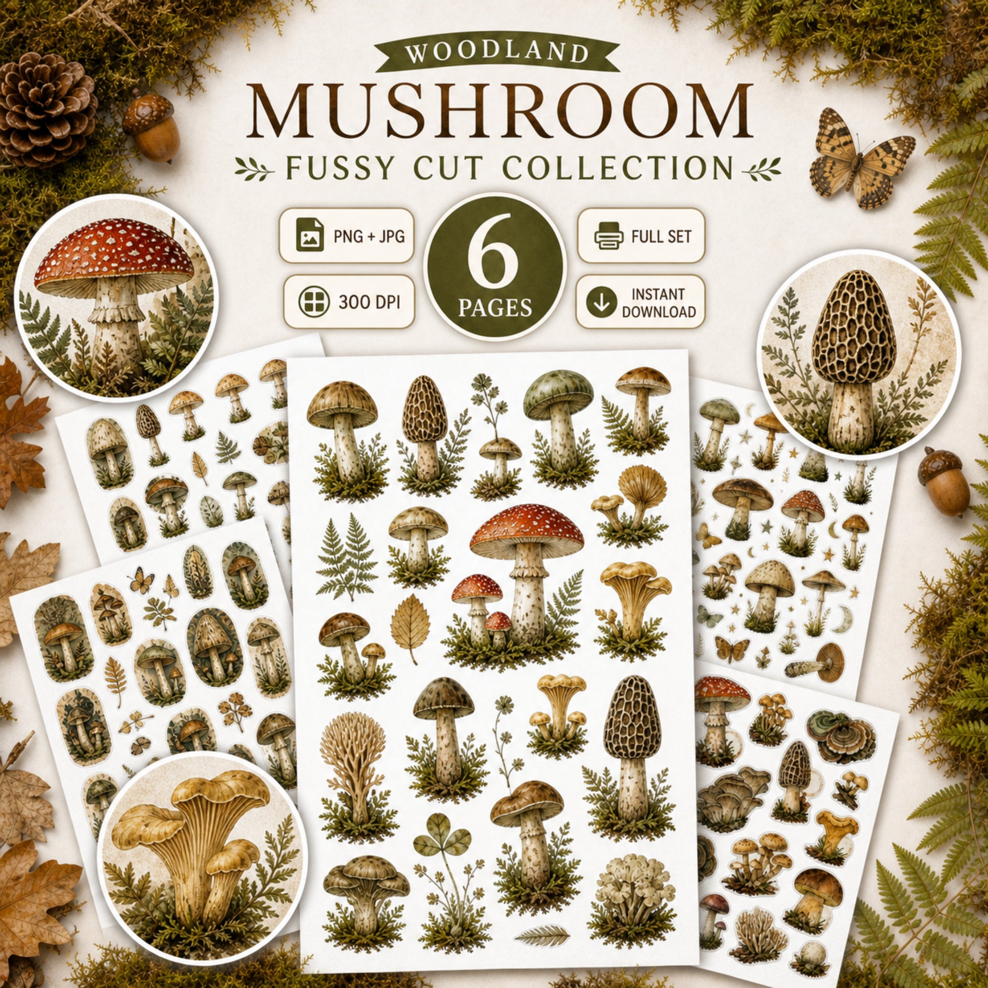 Woodland Mushroom Fussy Cuts Bundle, 6 Page Printable Mushroom Ephemera, JPG Forest Clipart, Junk Journal Supplies