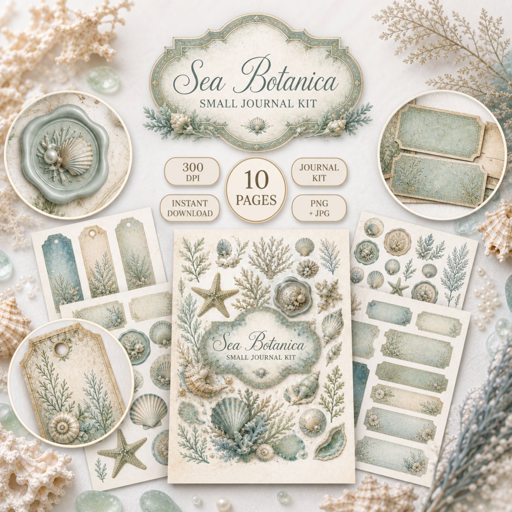 Sea Botanica Junk Journal Kit, 10 Page Coastal Ephemera Bundle, Printable Ocean Journal Kit, Seashell PNG JPG Supplies